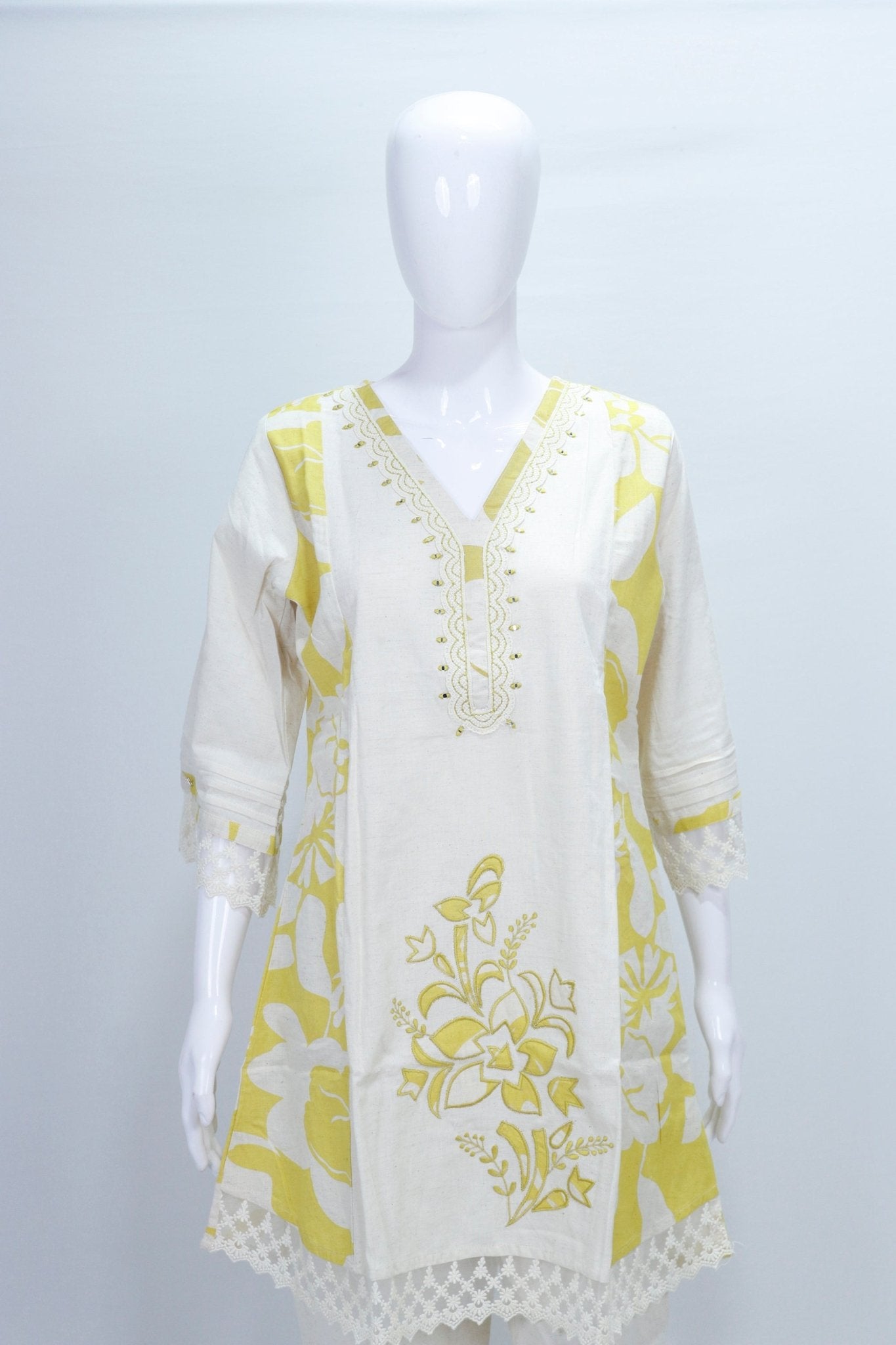 Elegant Off White and Yellow Floral Print Cotton Kurta Set - Mangaldeep NX