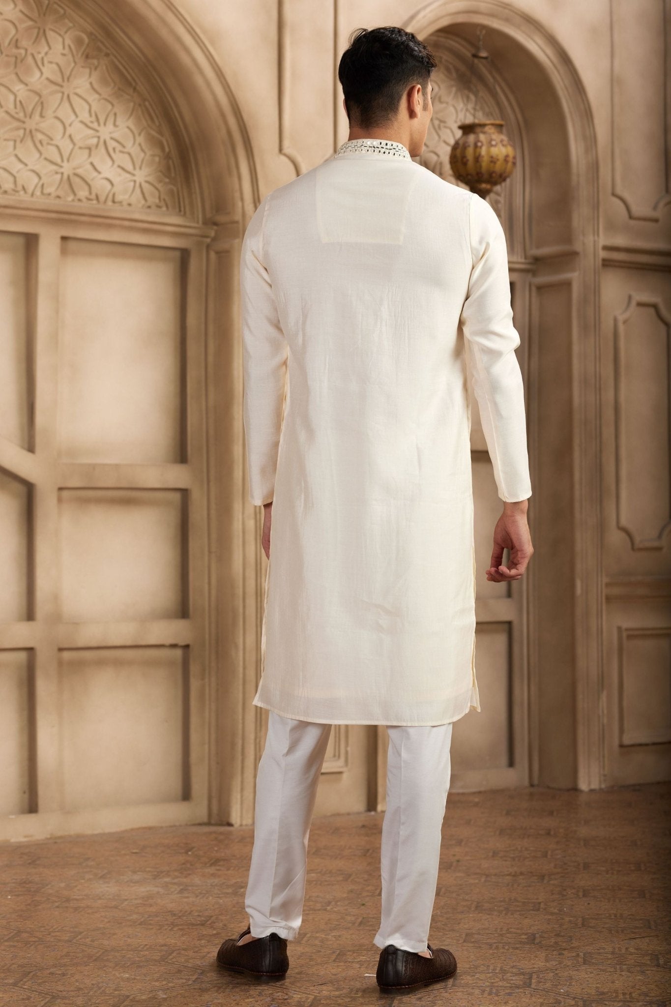 Elegant Off - White Silk Kurta Pyjama Set with Mirror Work Detailing - Mangaldeep NX