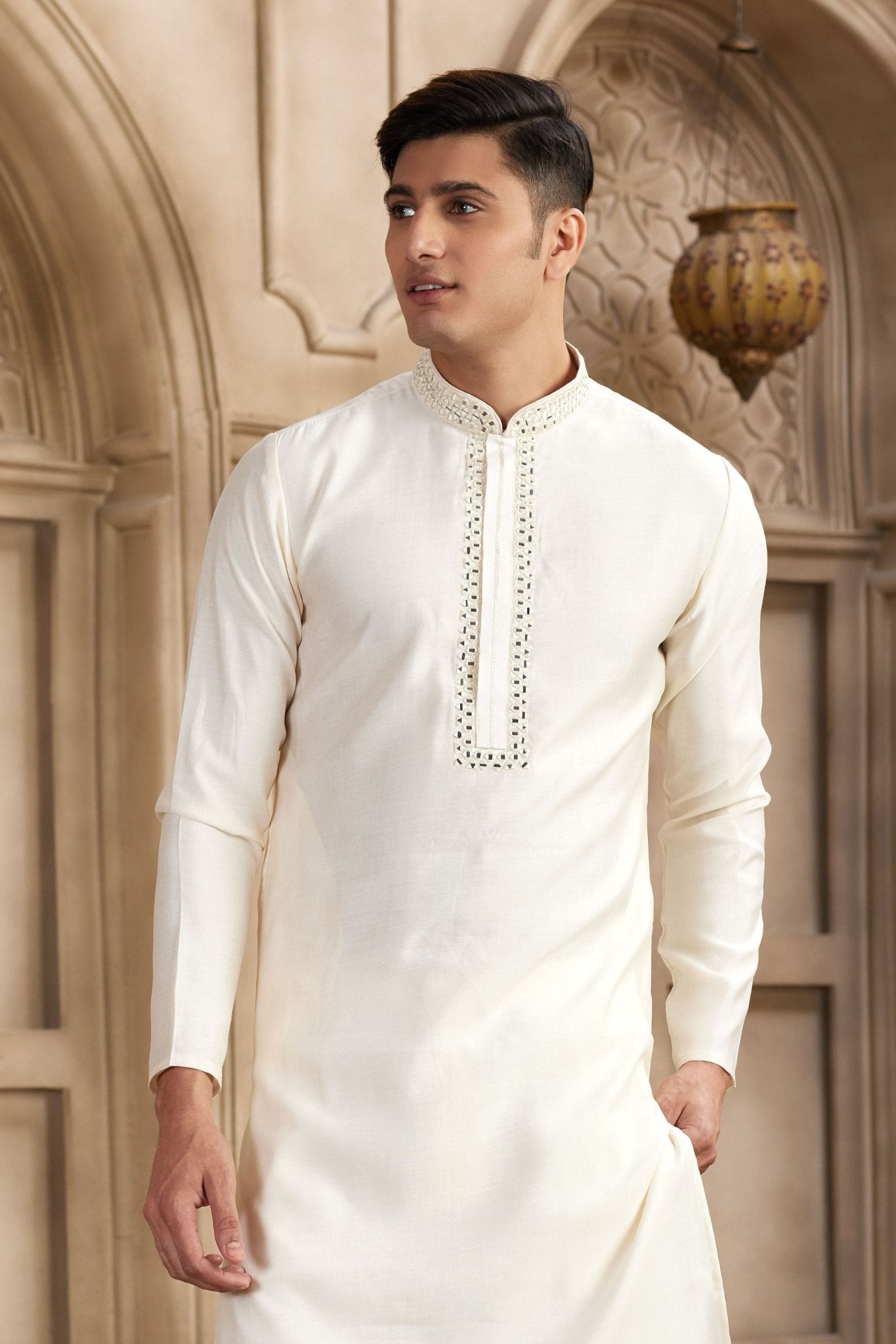 Elegant Off - White Silk Kurta Pyjama Set with Mirror Work Detailing - Mangaldeep NX