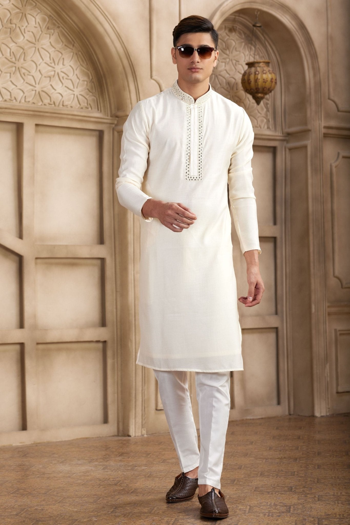 Elegant Off - White Silk Kurta Pyjama Set with Mirror Work Detailing - Mangaldeep NX