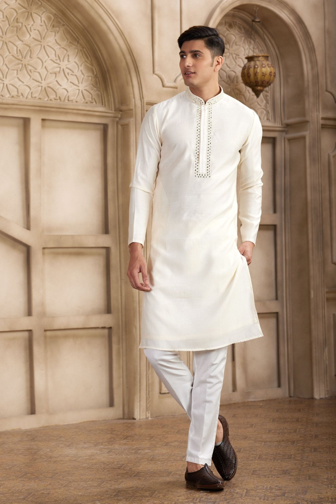 Elegant Off - White Silk Kurta Pyjama Set with Mirror Work Detailing - Mangaldeep NX