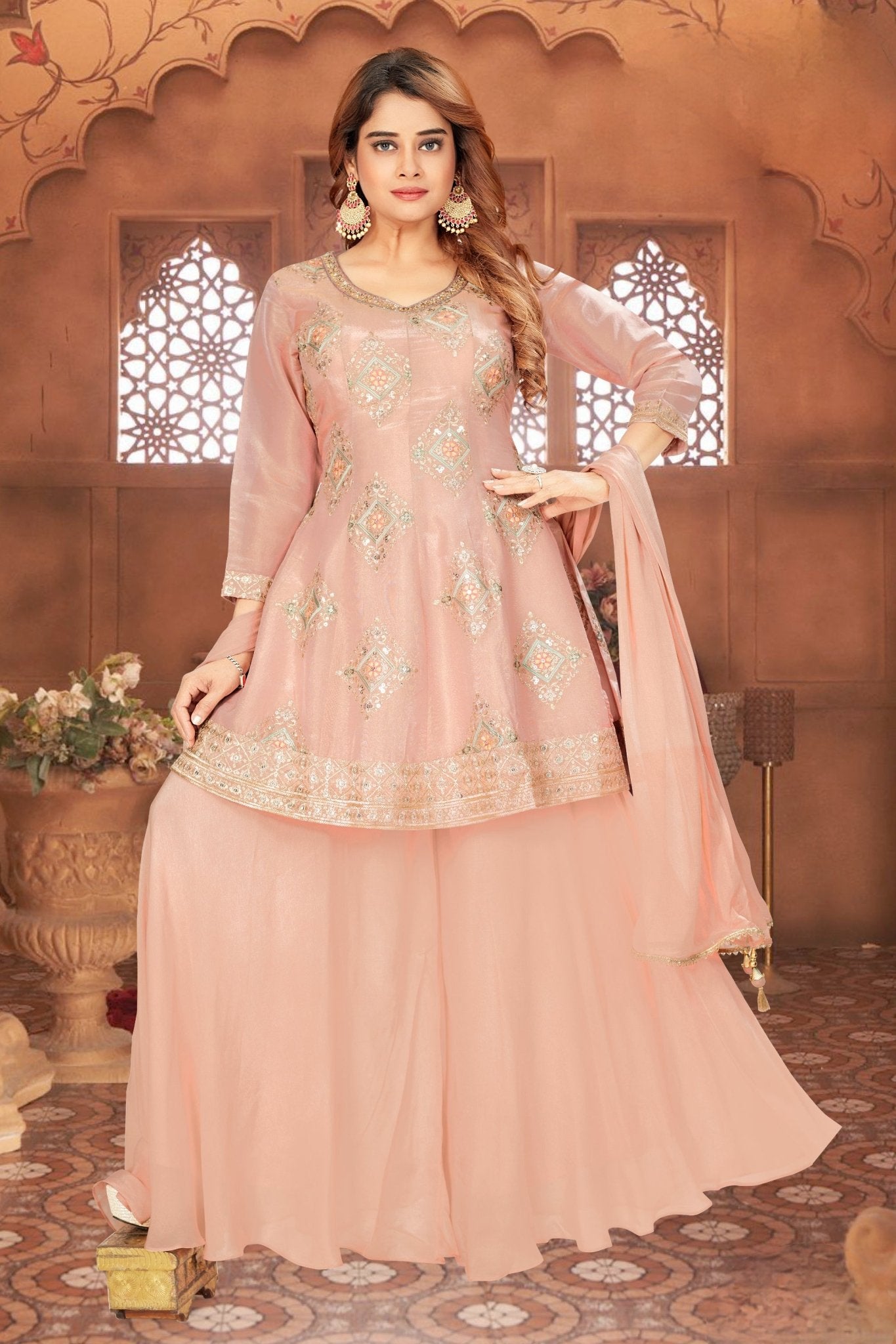 Elegant Peach Embroidered Silk Anarkali Suit - Mangaldeep NX