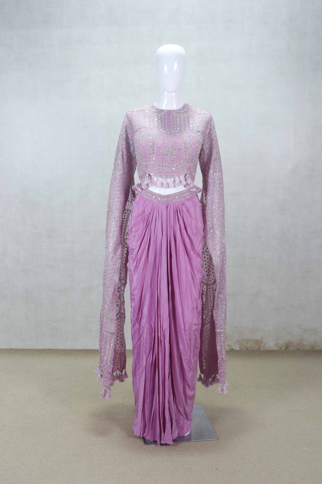 Elegant Pink Embellished Crop Top and Draped Skirt Set with Tassel Details - Mangaldeep NX