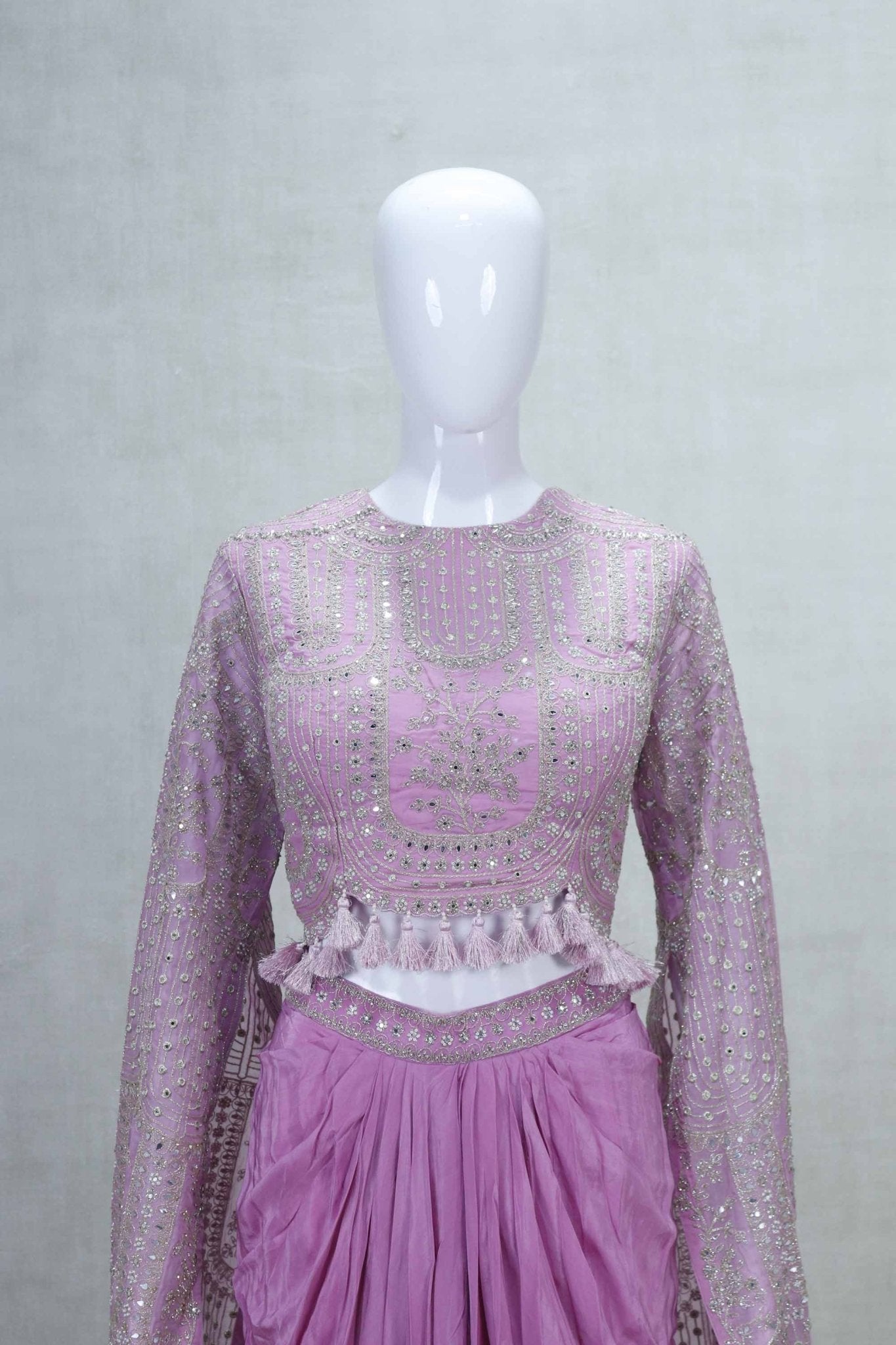 Elegant Pink Embellished Crop Top and Draped Skirt Set with Tassel Details - Mangaldeep NX