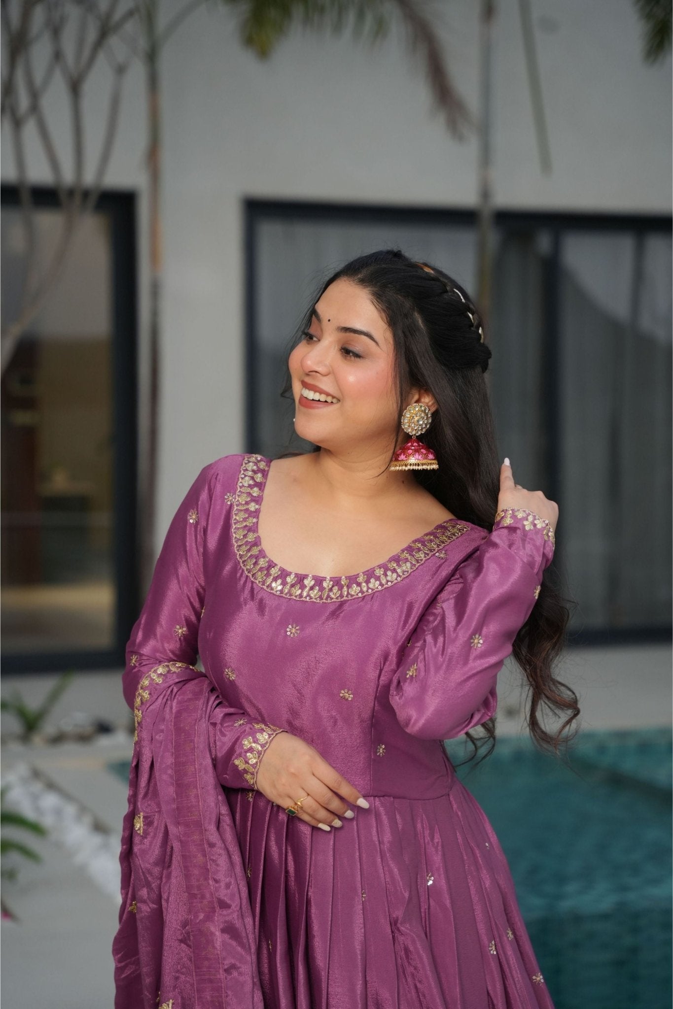 Elegant Purple Anarkali Dress with Golden Embroidery - Mangaldeep NX