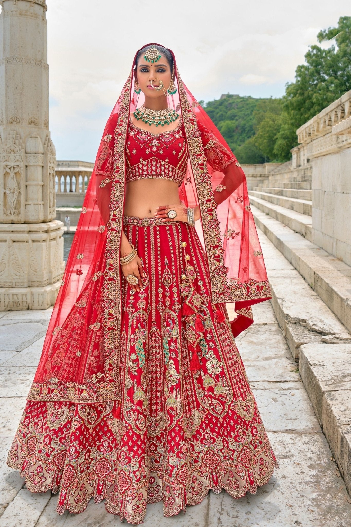 Elegant Red Bridal Lehenga Choli with Heavy Zari, Sequin, and Embroidery Work - Mangaldeep NX