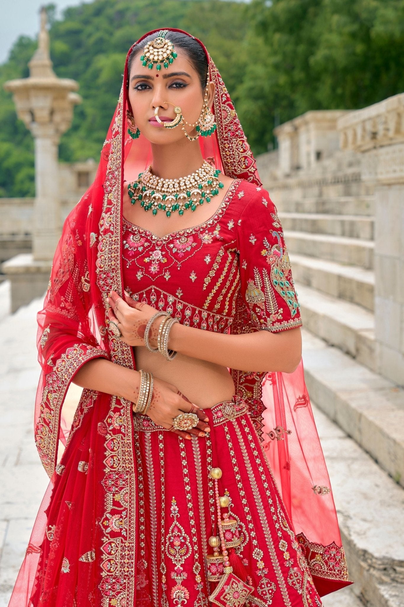 Elegant Red Bridal Lehenga Choli with Heavy Zari, Sequin, and Embroidery Work - Mangaldeep NX