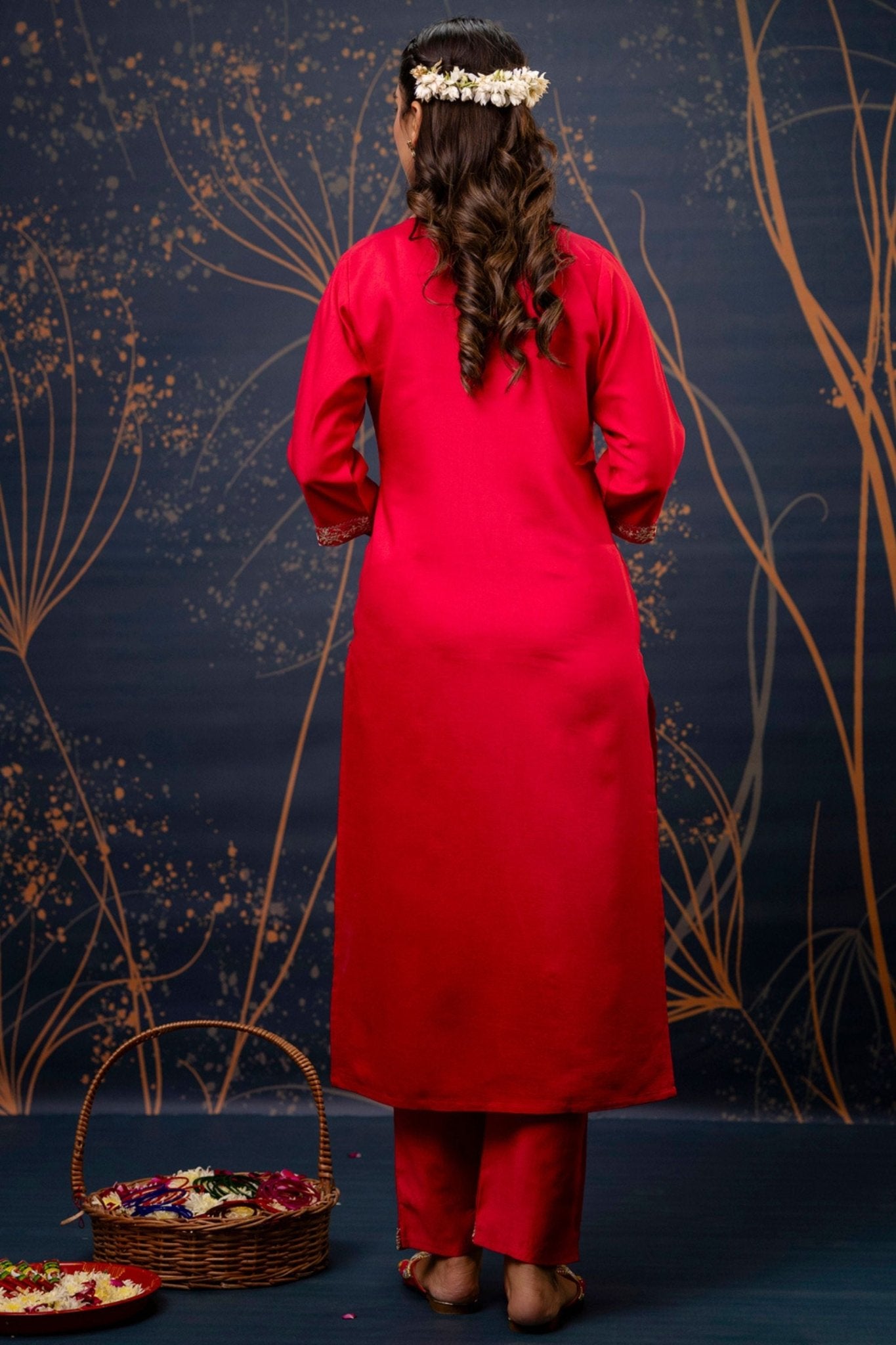 Elegant Red Shimmer Pant Style Suit with Floral Dupatta - Mangaldeep NX