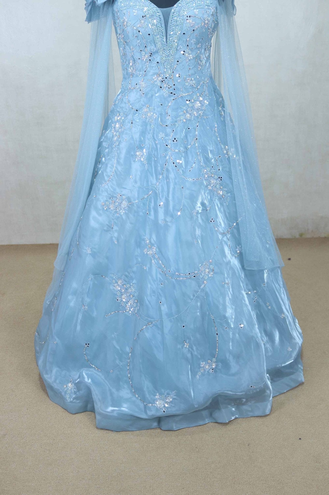 Elegant Sky Blue Net Gown with Ruffled Sleeves and Sequin Embroidery - Mangaldeep NX
