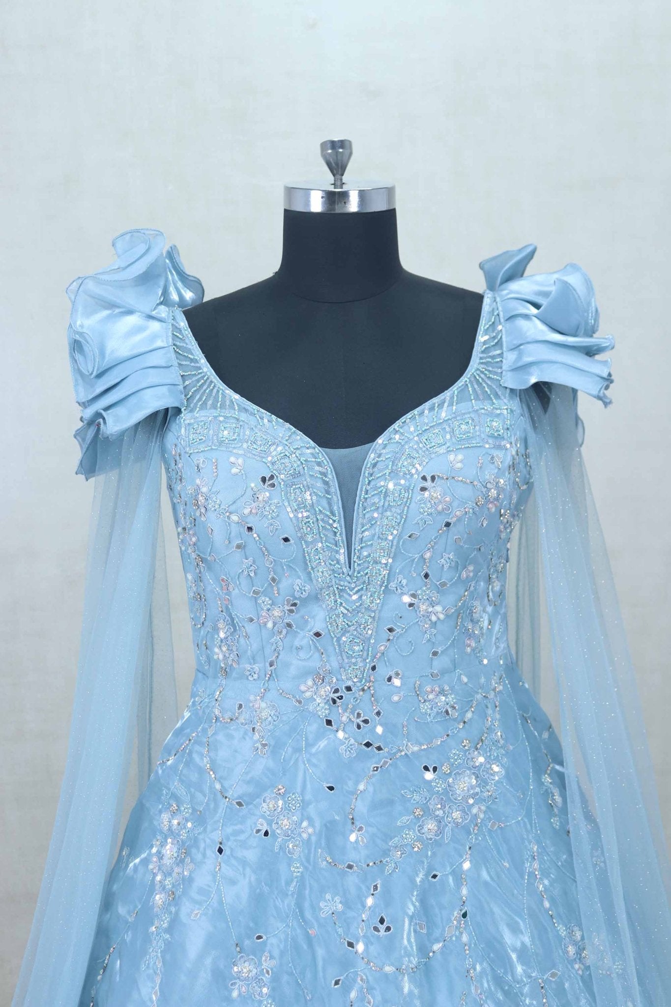 Elegant Sky Blue Net Gown with Ruffled Sleeves and Sequin Embroidery - Mangaldeep NX