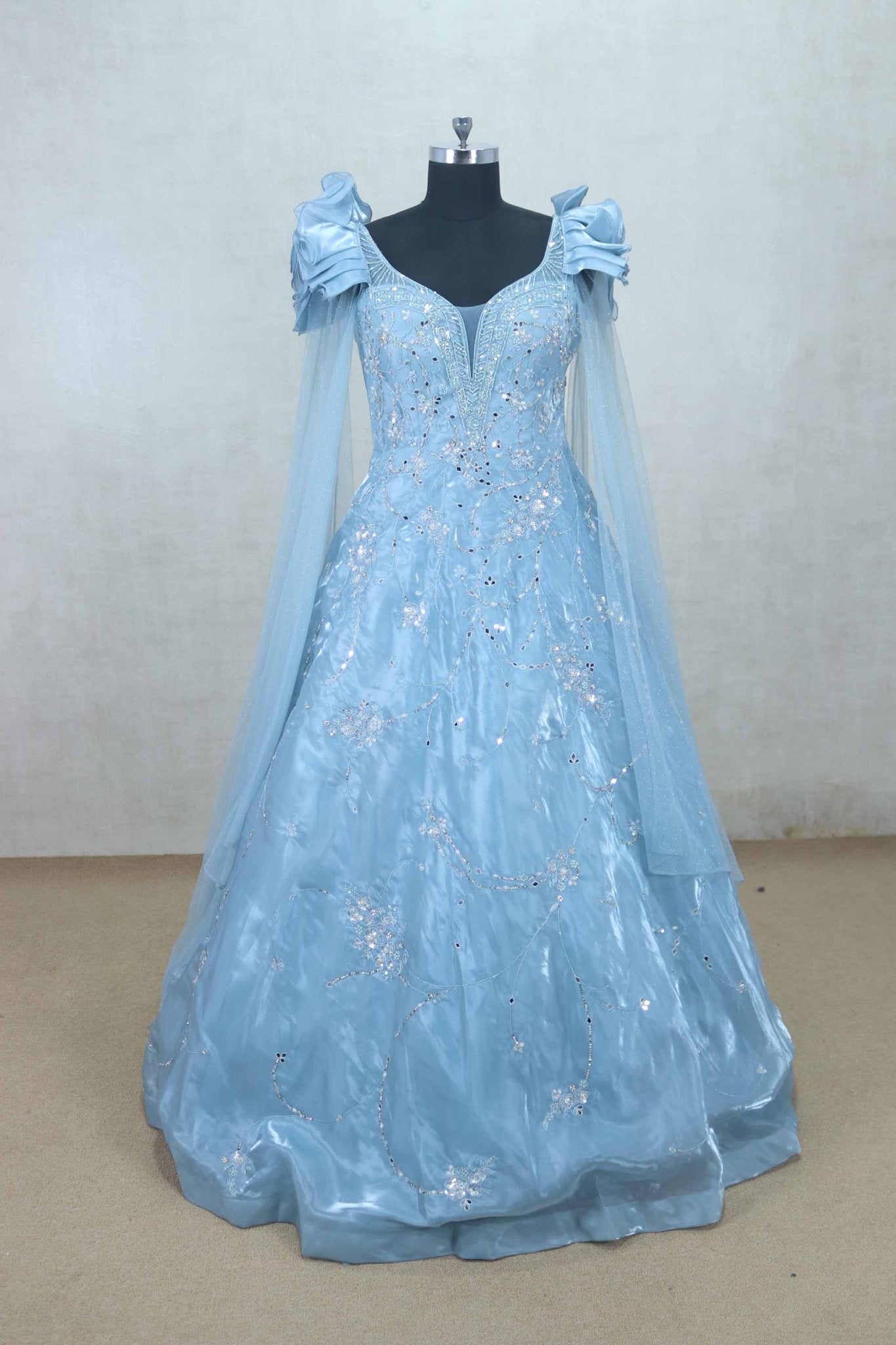 Elegant Sky Blue Net Gown with Ruffled Sleeves and Sequin Embroidery - Mangaldeep NX