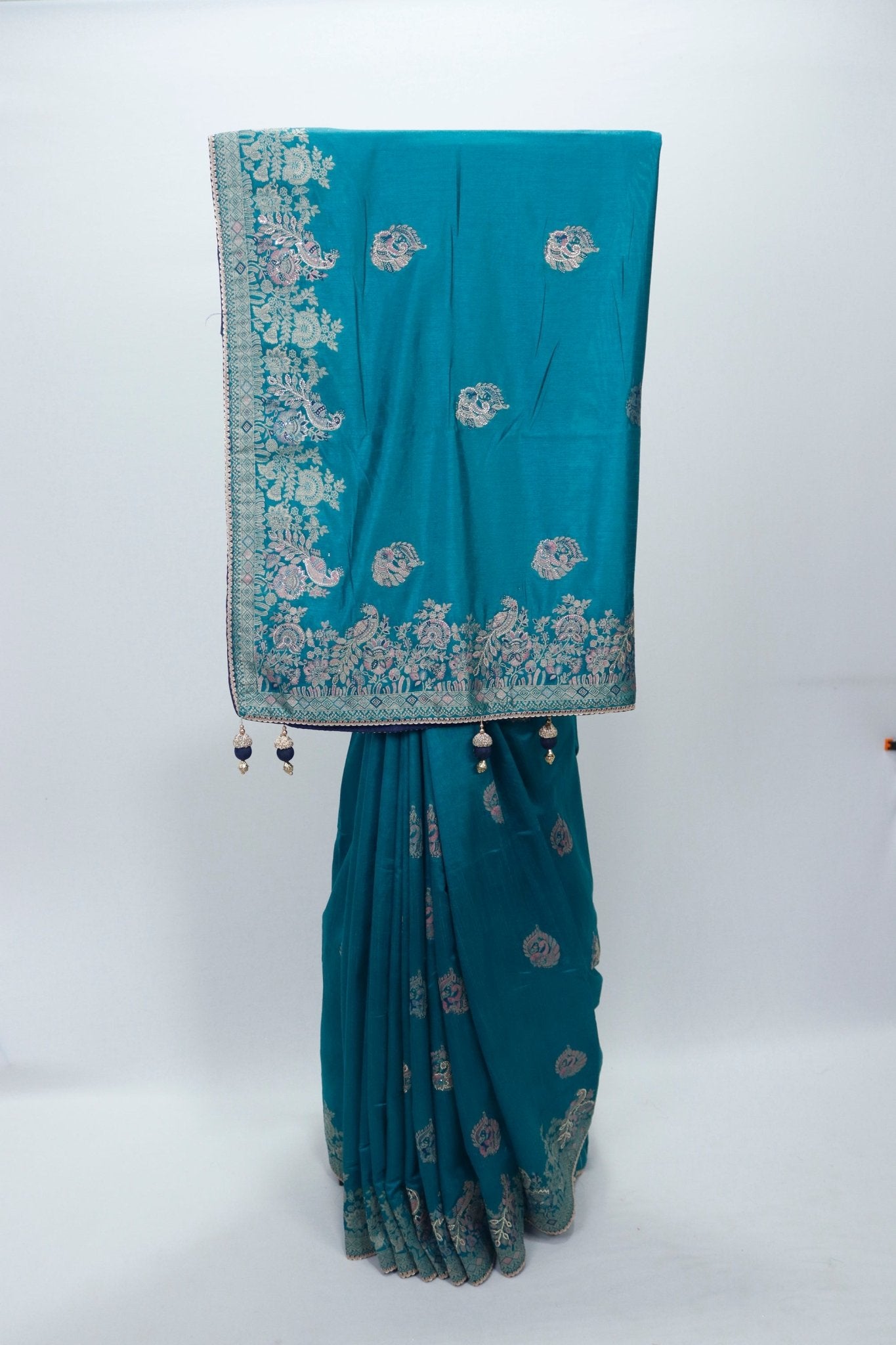 Elegant Teal Blue Banarasi Silk Saree with Antique Zari Weaving & Paisley Motifs – Festive & Wedding Wear - Mangaldeep NX