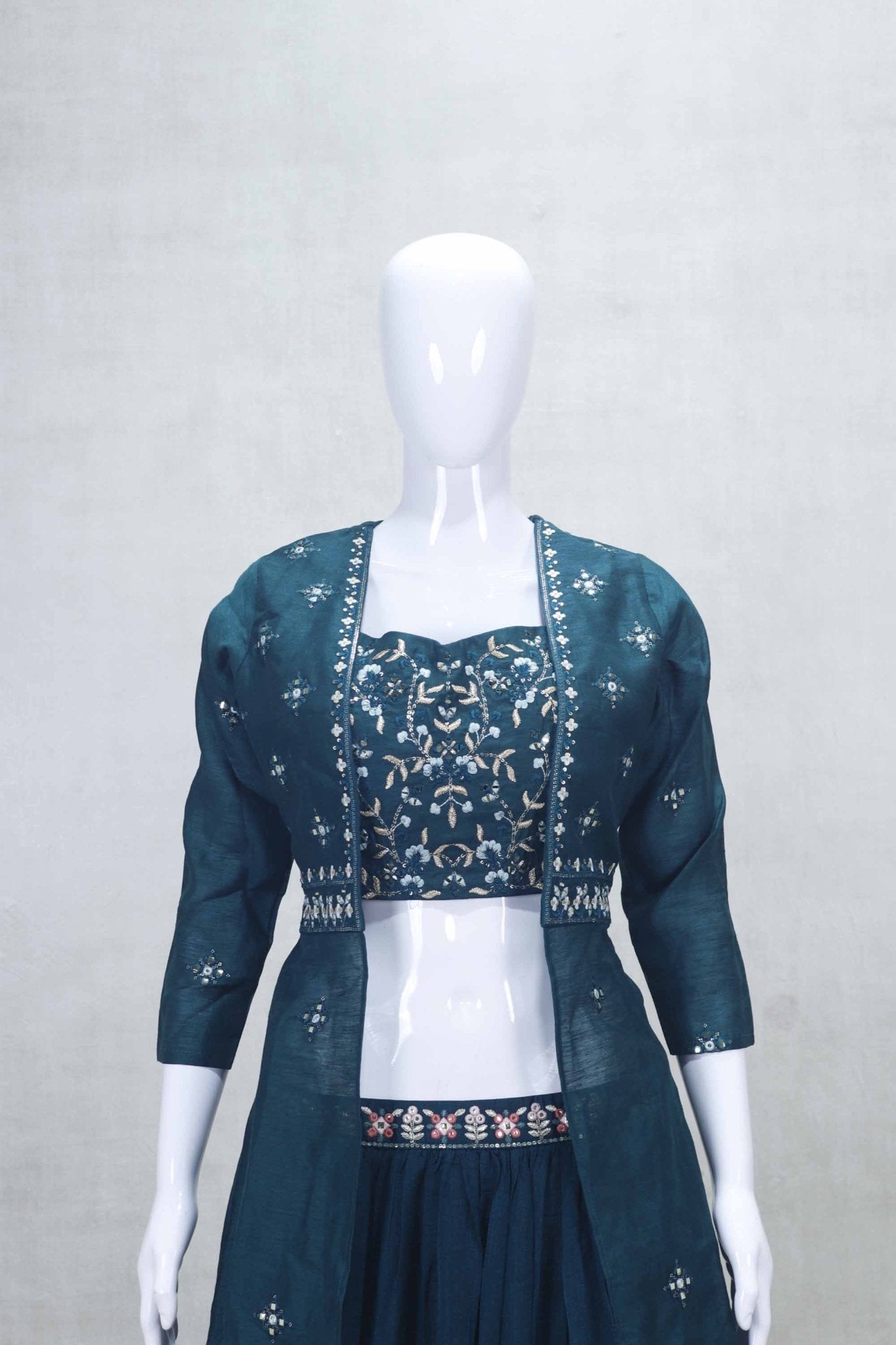Elegant Teal Blue Embroidered Lehenga Choli with Jacket - Mangaldeep NX