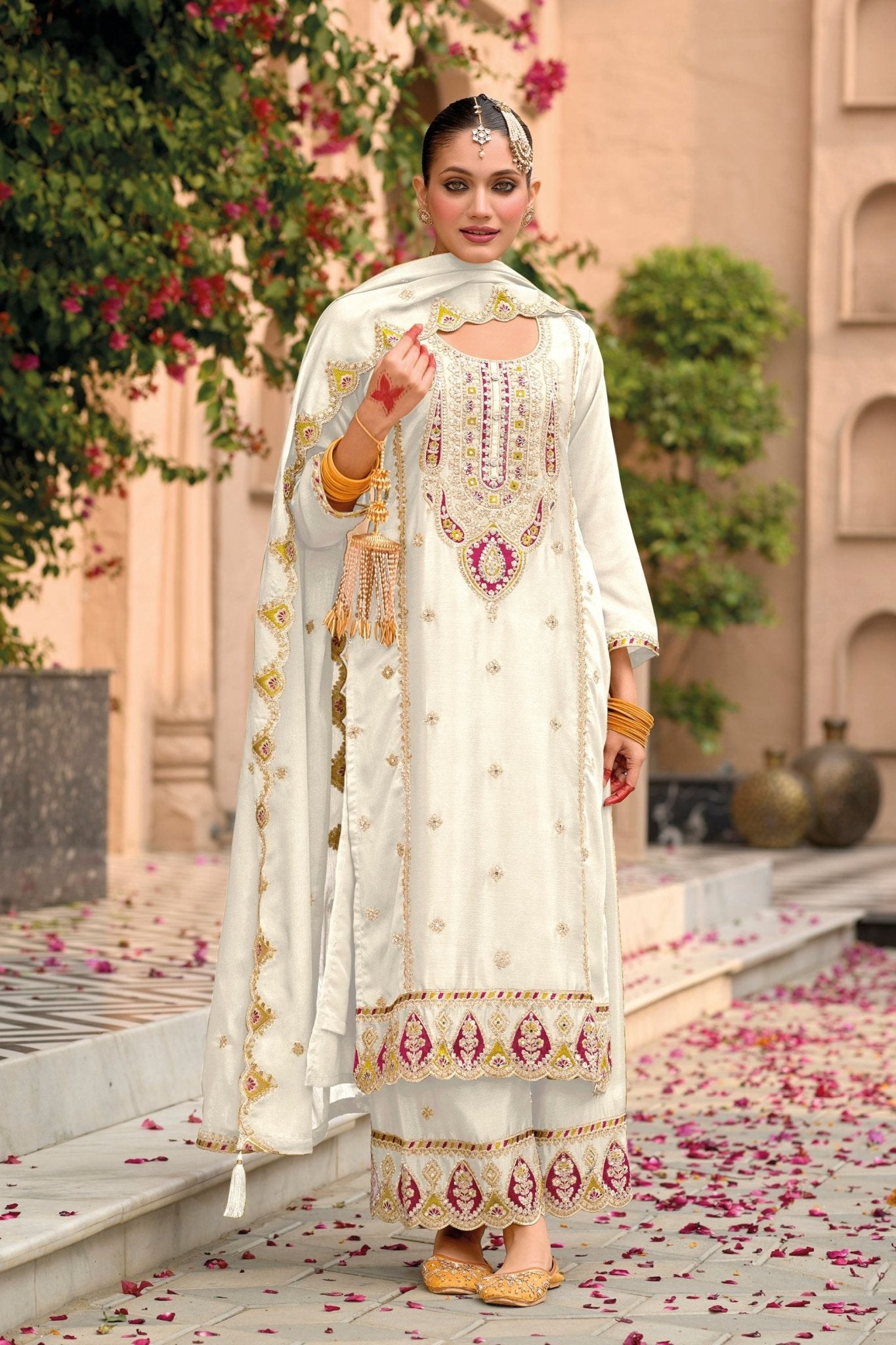 Elegant White Chinon Silk Salwar Suit with Intricate Embroidery - Mangaldeep NX
