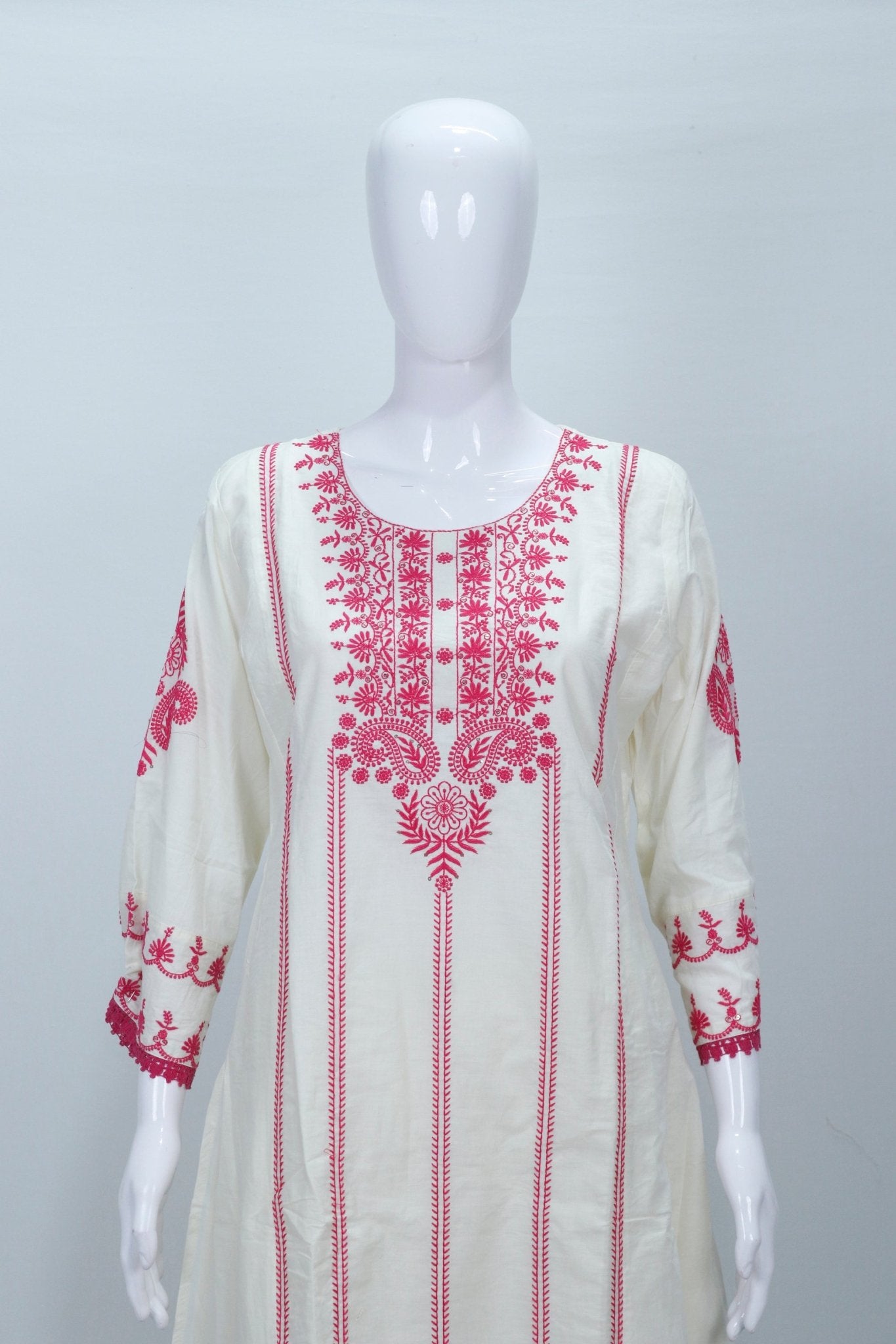 Elegant White Cotton Kurta Set with Red Chikankari Ethnic Wear - Mangaldeep NX