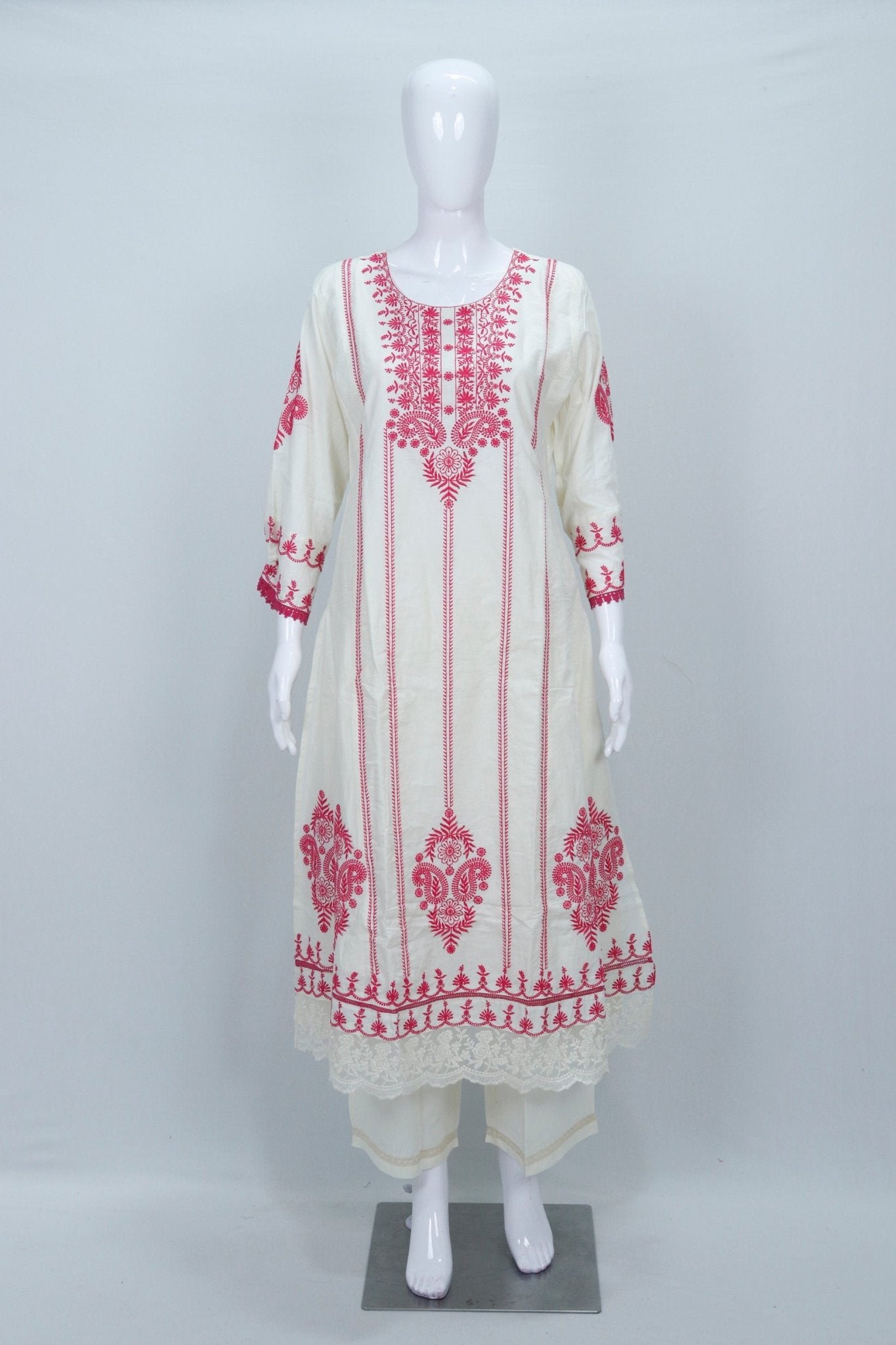 Elegant White Cotton Kurta Set with Red Chikankari Ethnic Wear - Mangaldeep NX