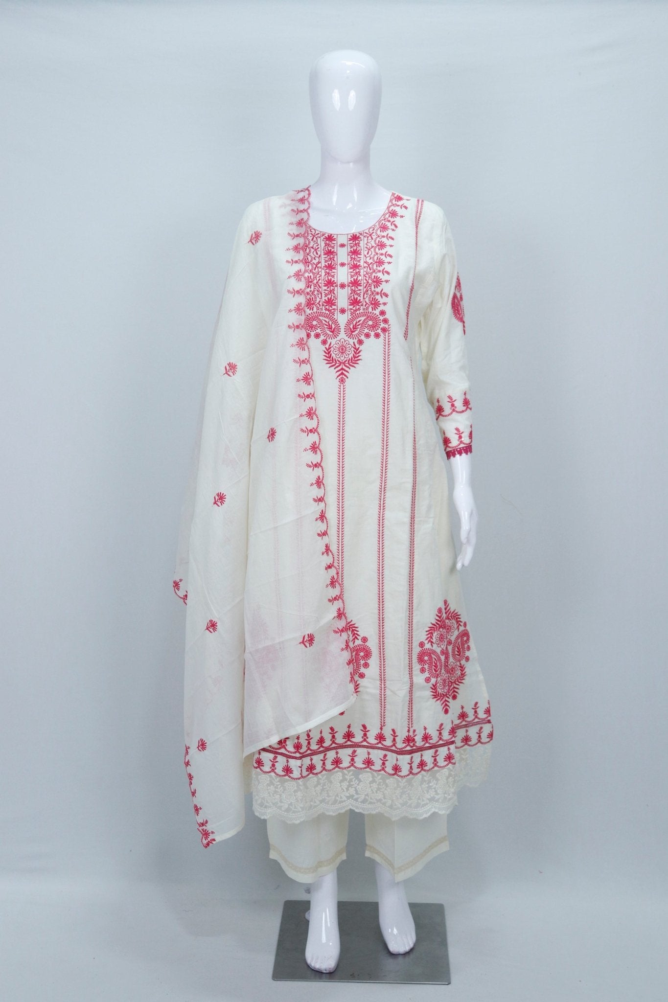 Elegant White Cotton Kurta Set with Red Chikankari Ethnic Wear - Mangaldeep NX