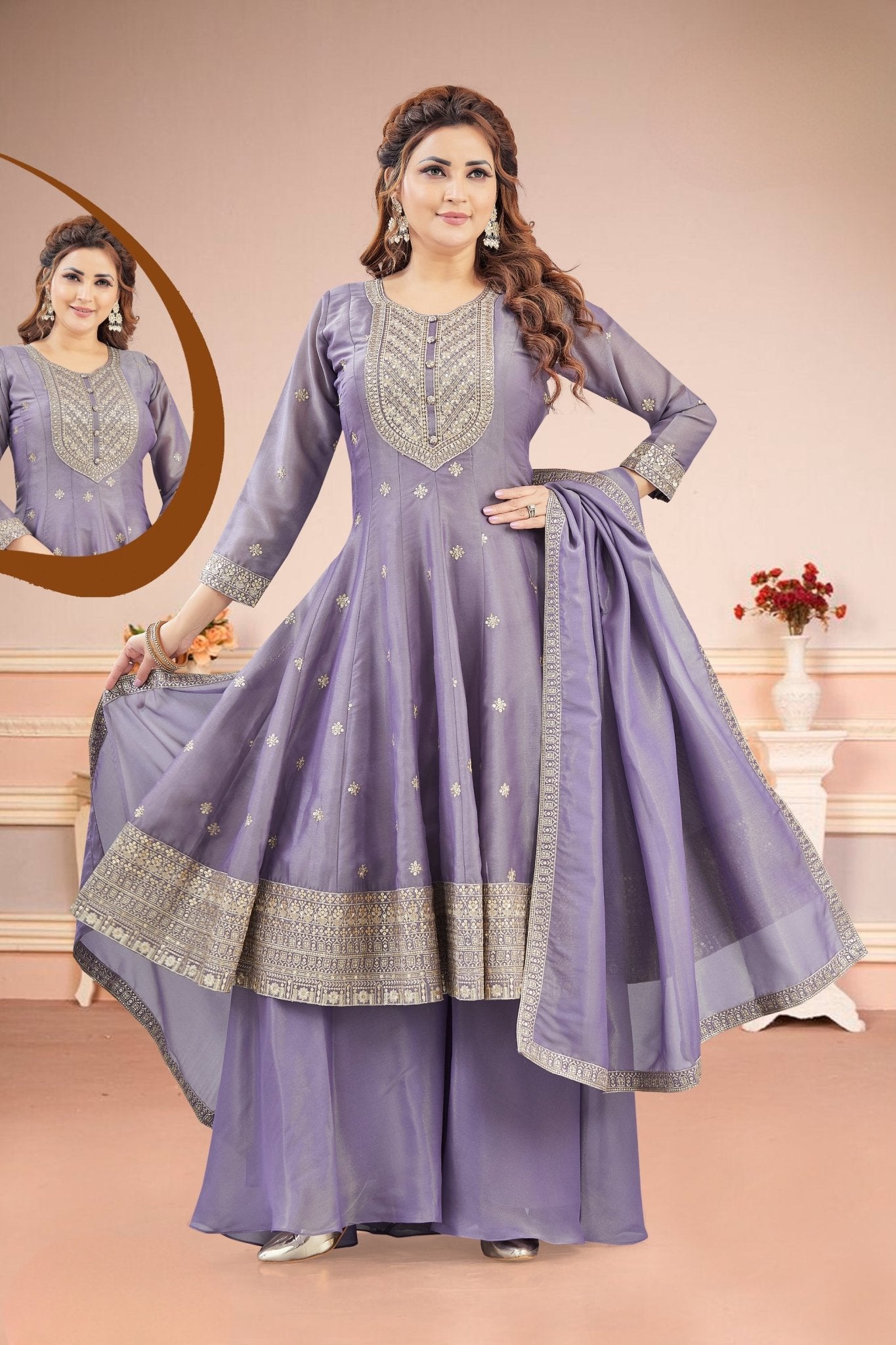 Embroidered Lavender Anarkali Suit with Palazzo & Dupatta - Mangaldeep NX