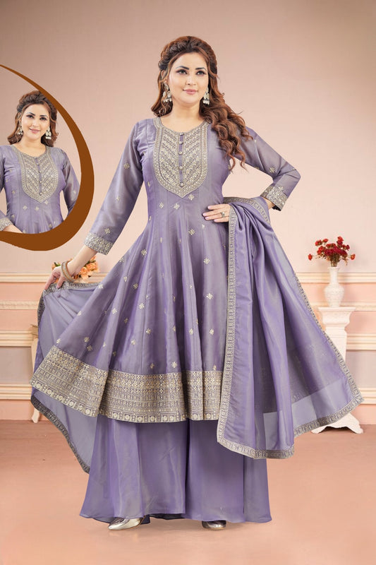 Embroidered Lavender Anarkali Suit with Palazzo & Dupatta - Mangaldeep NX