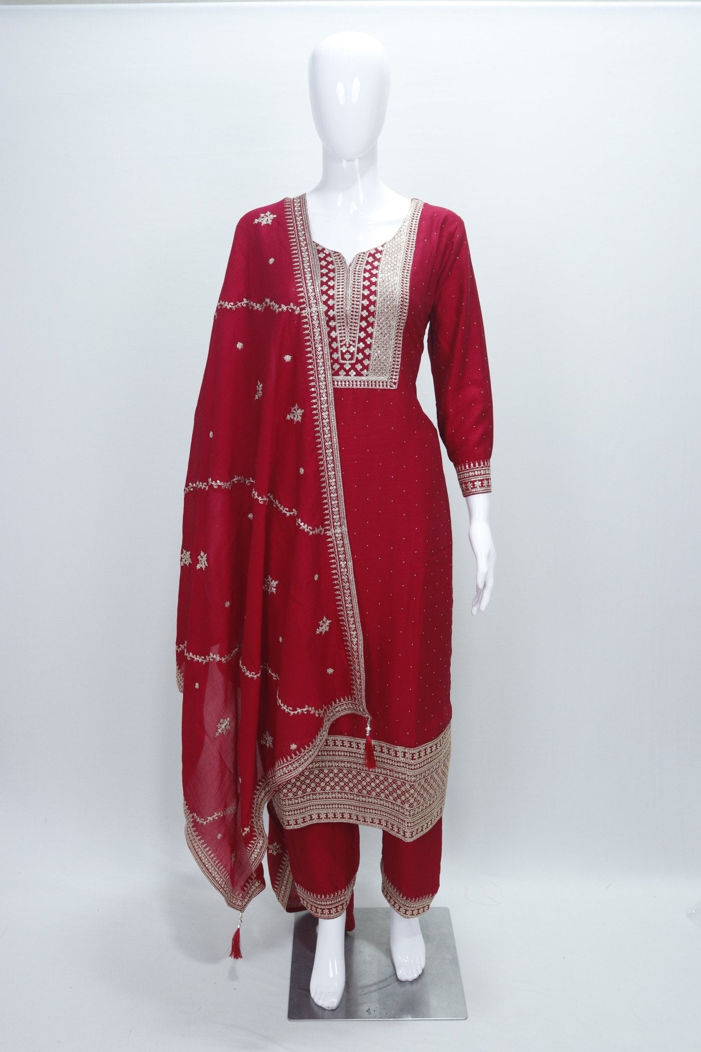 Embroidered Maroon Georgette Salwar Suit Set with Dupatta Traditional Ethnic Wear for Women - Mangaldeep NX