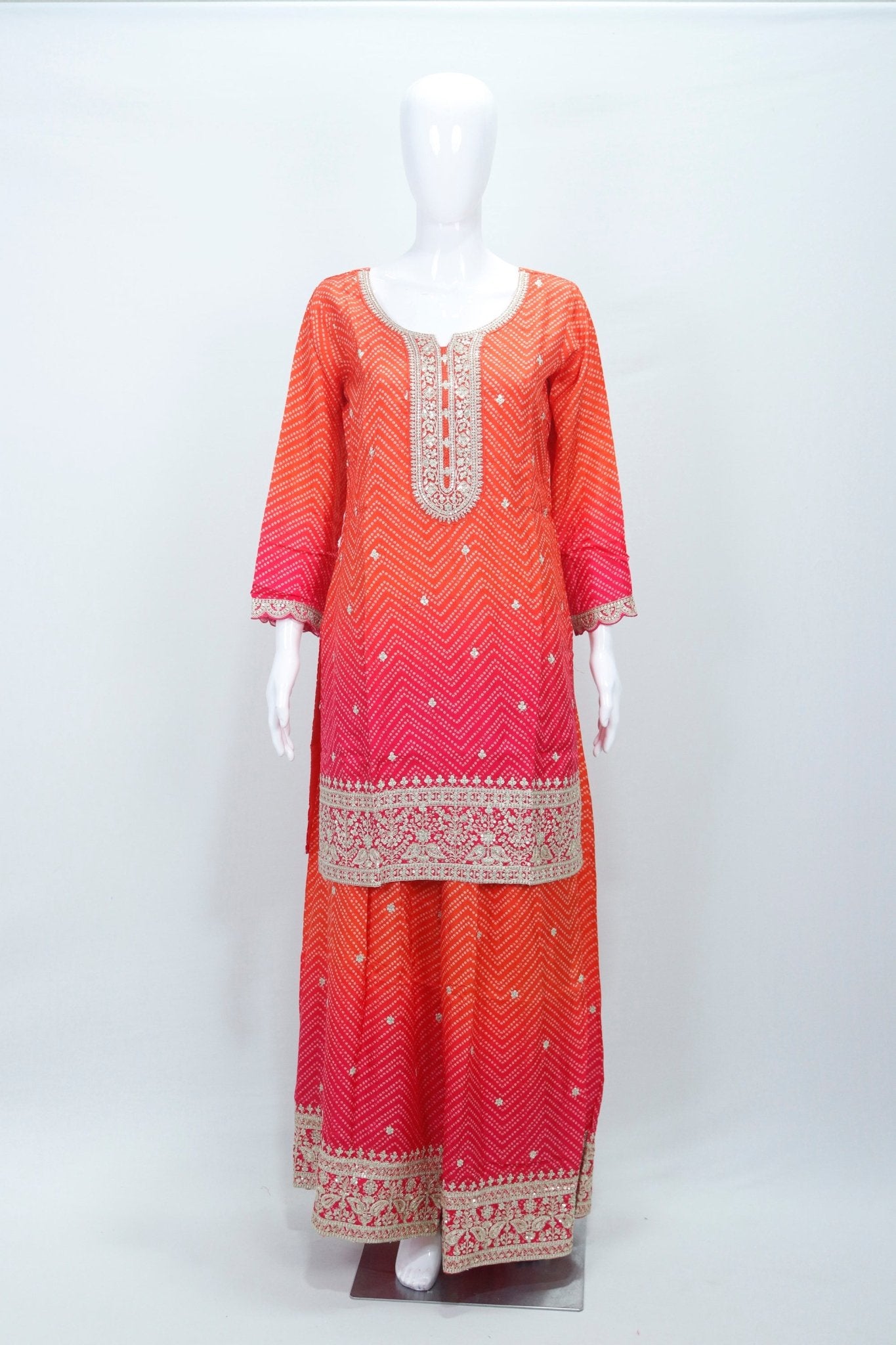 Embroidered Orange Pink Georgette Sharara Suit Set - Mangaldeep NX