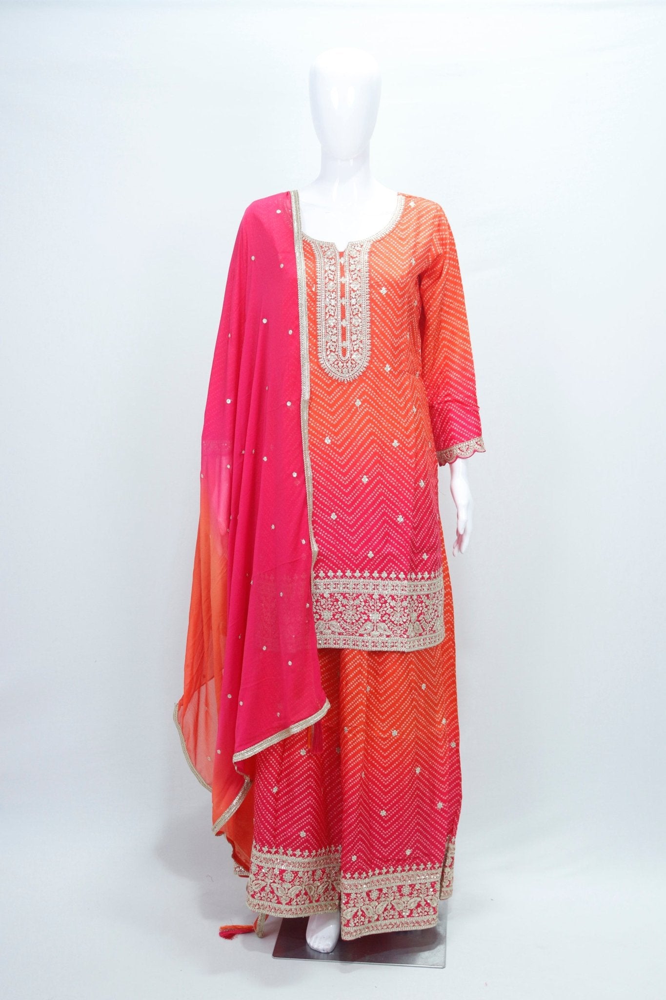Embroidered Orange Pink Georgette Sharara Suit Set - Mangaldeep NX