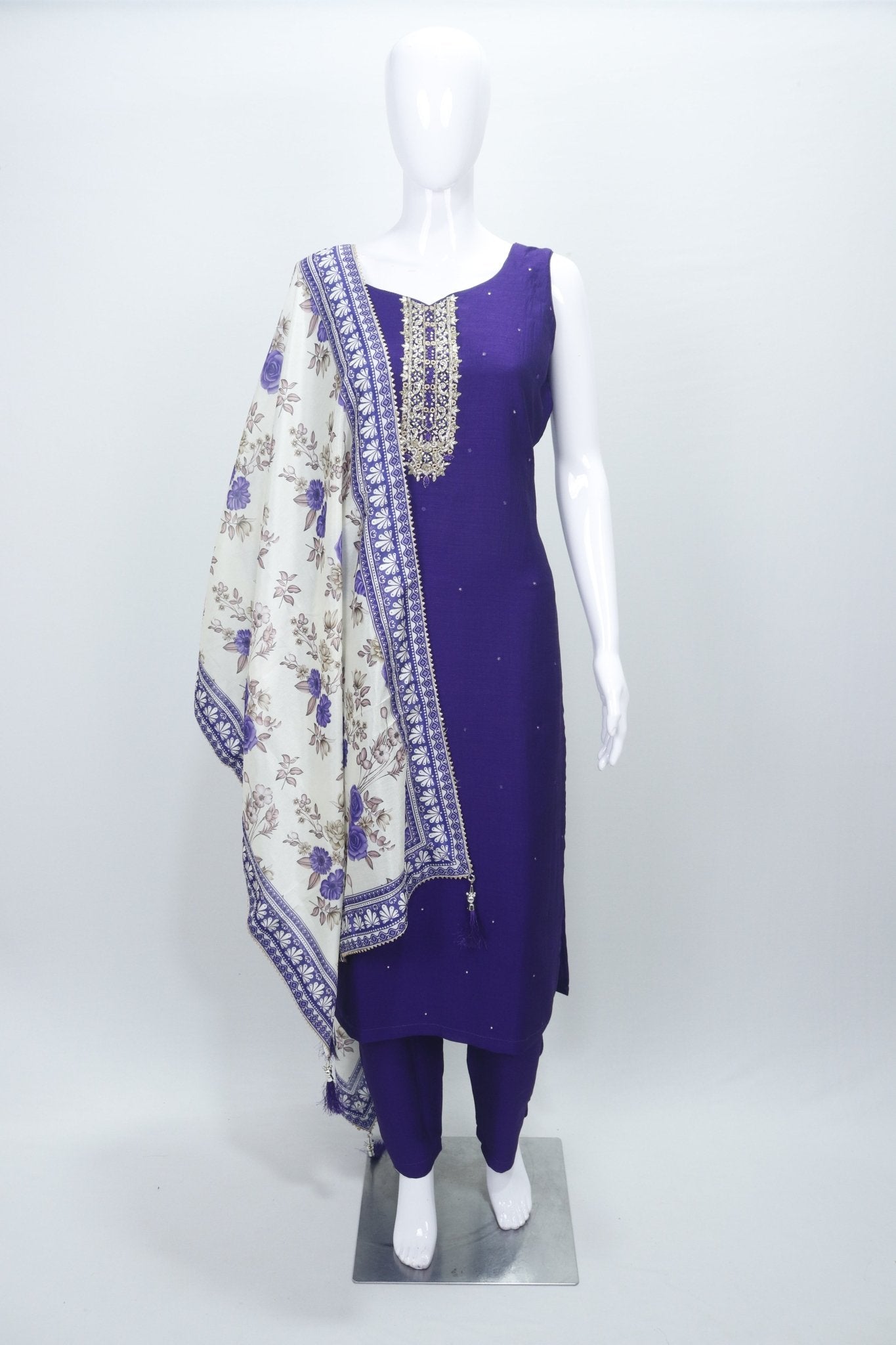 Embroidered Purple Straight Suit Set with Printed Floral Dupatta Festive & Ethnic Wear for Women - Mangaldeep NX