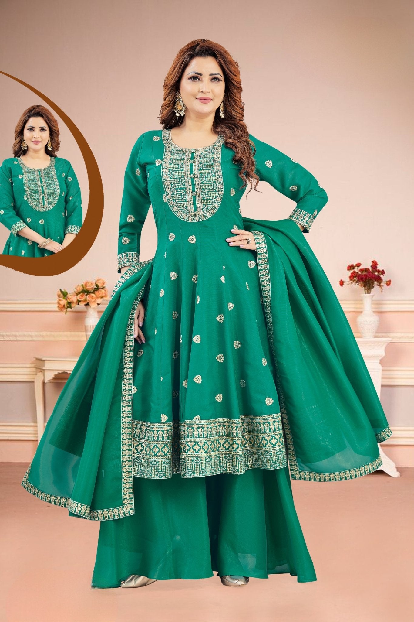 Embroidered Silk Teal Green Designer Salwar Suit - Mangaldeep NX
