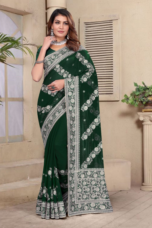 Emerald Green Embroidered Georgette Saree with Silver Floral Thread Work and Matching Blouse Piece - Mangaldeep NX