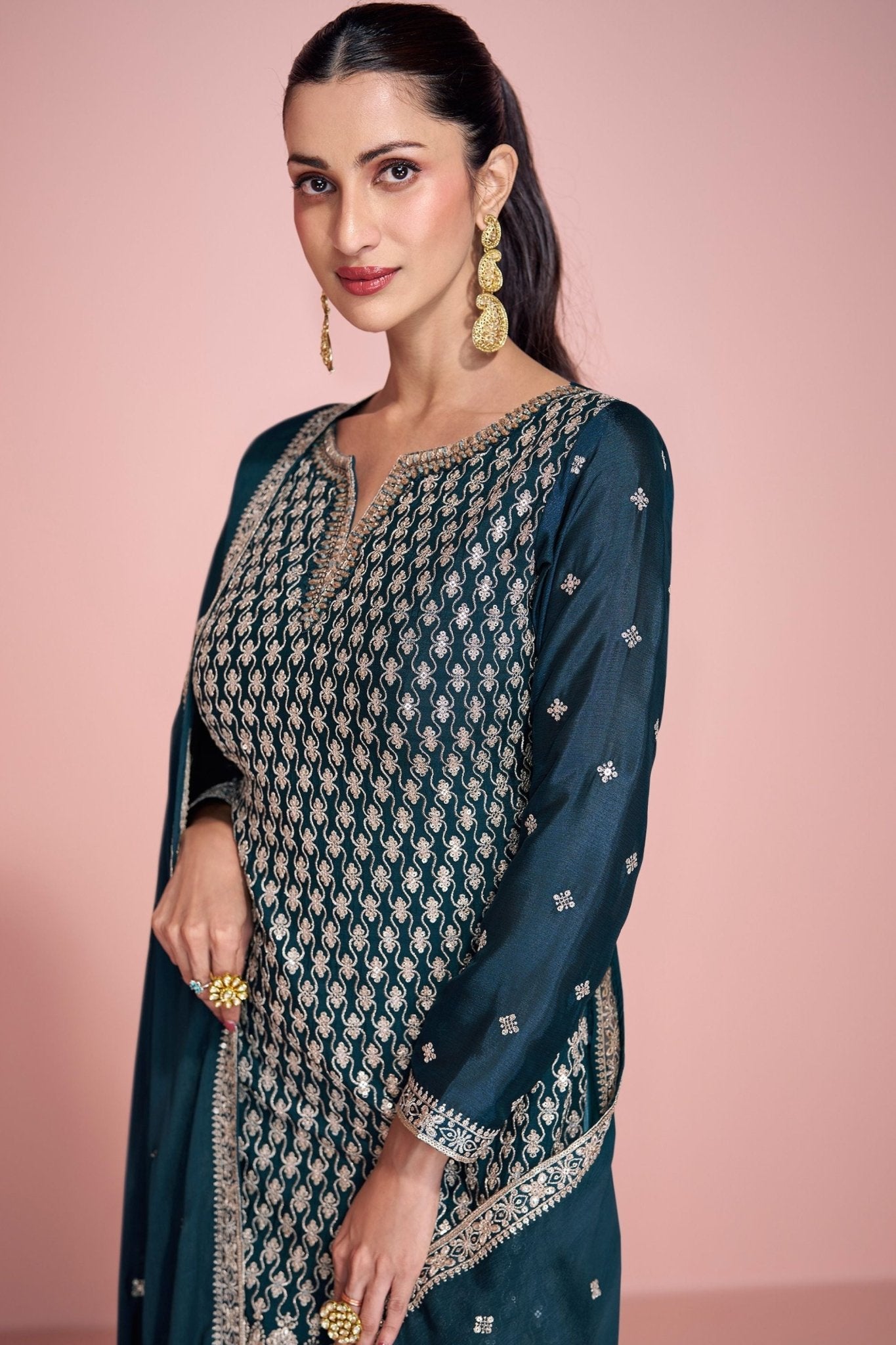 Excellent Teal Green Embroidered Sharara Suit with Dupatta - Mangaldeep NX