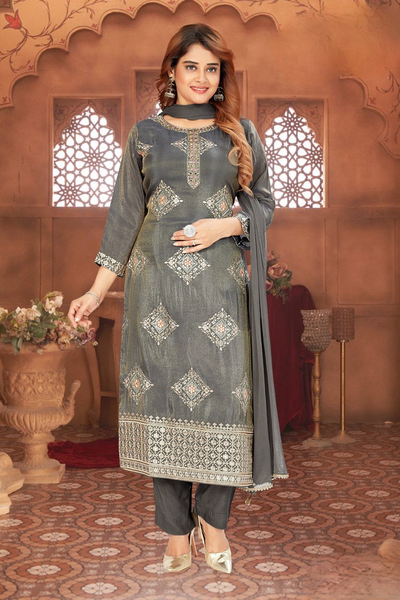 Fancy Grey Embroidered Straight Cut Salwar Suit - Mangaldeep NX