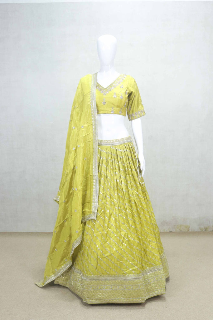 Fancy Lime Yellow Embroidered Silk Lehenga Choli with Mirror Work Dupatta - Mangaldeep NX
