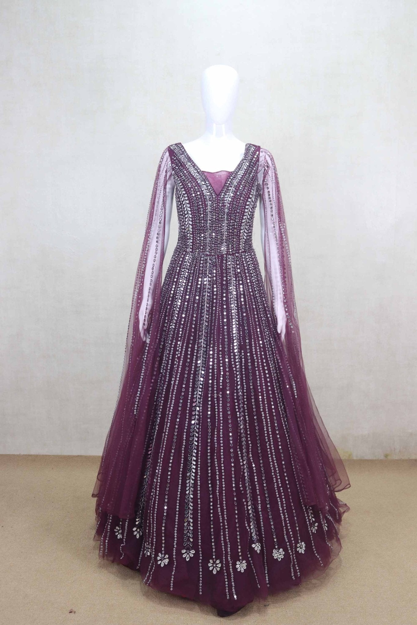 Fancy Maroon Mirror Work Gown with Full Sleeves - Mangaldeep NX