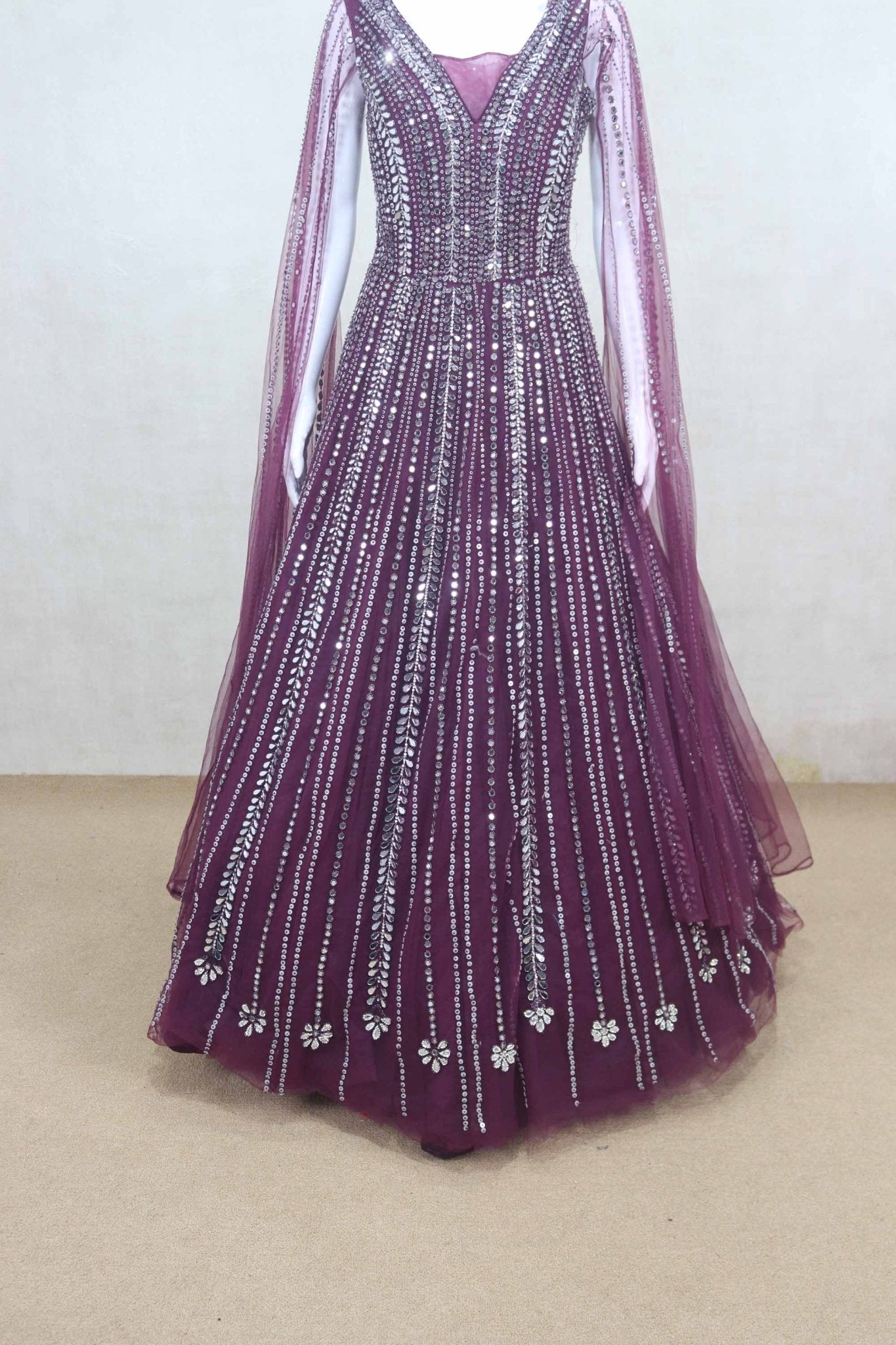 Fancy Maroon Mirror Work Gown with Full Sleeves - Mangaldeep NX