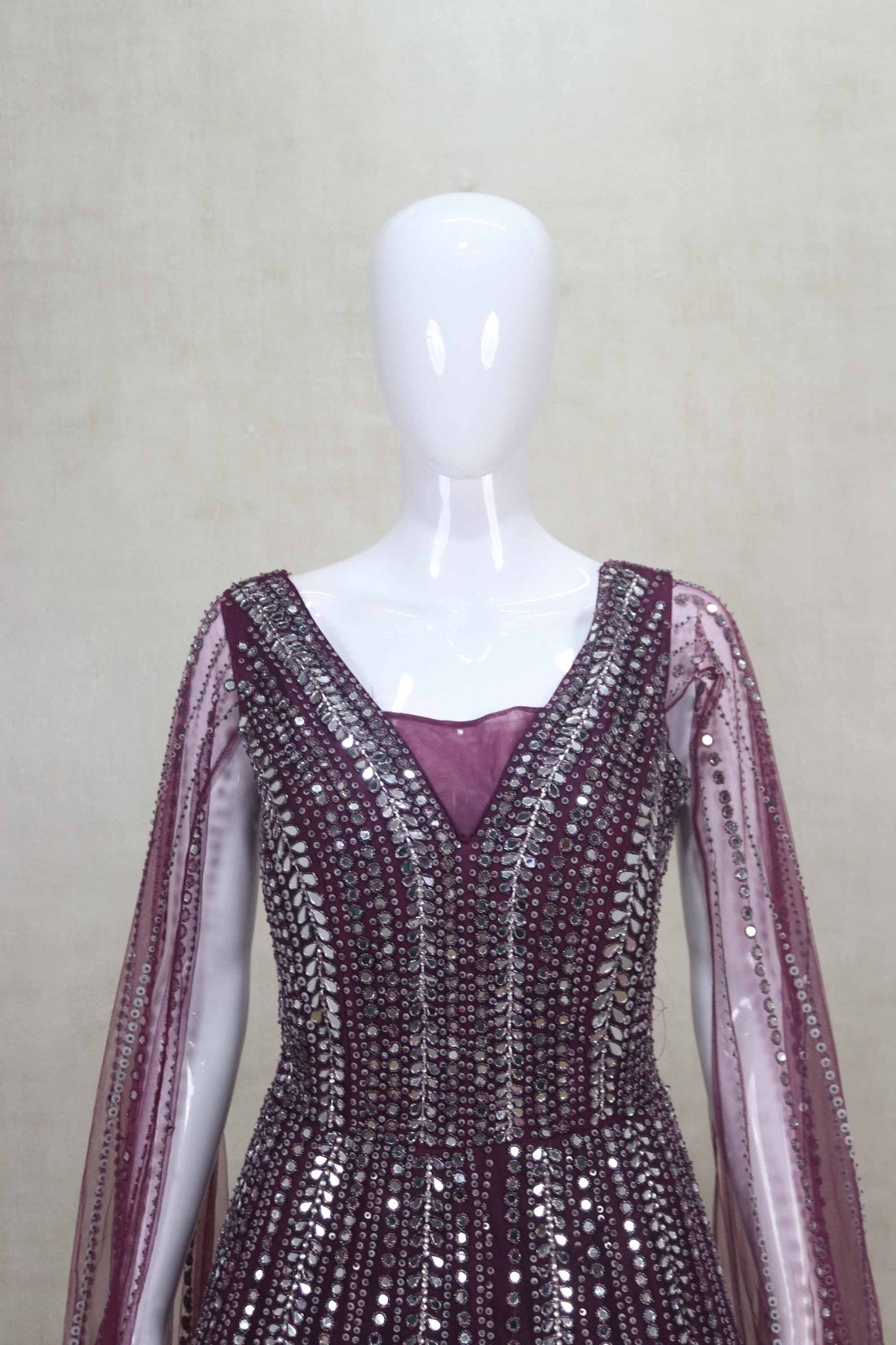 Fancy Maroon Mirror Work Gown with Full Sleeves - Mangaldeep NX
