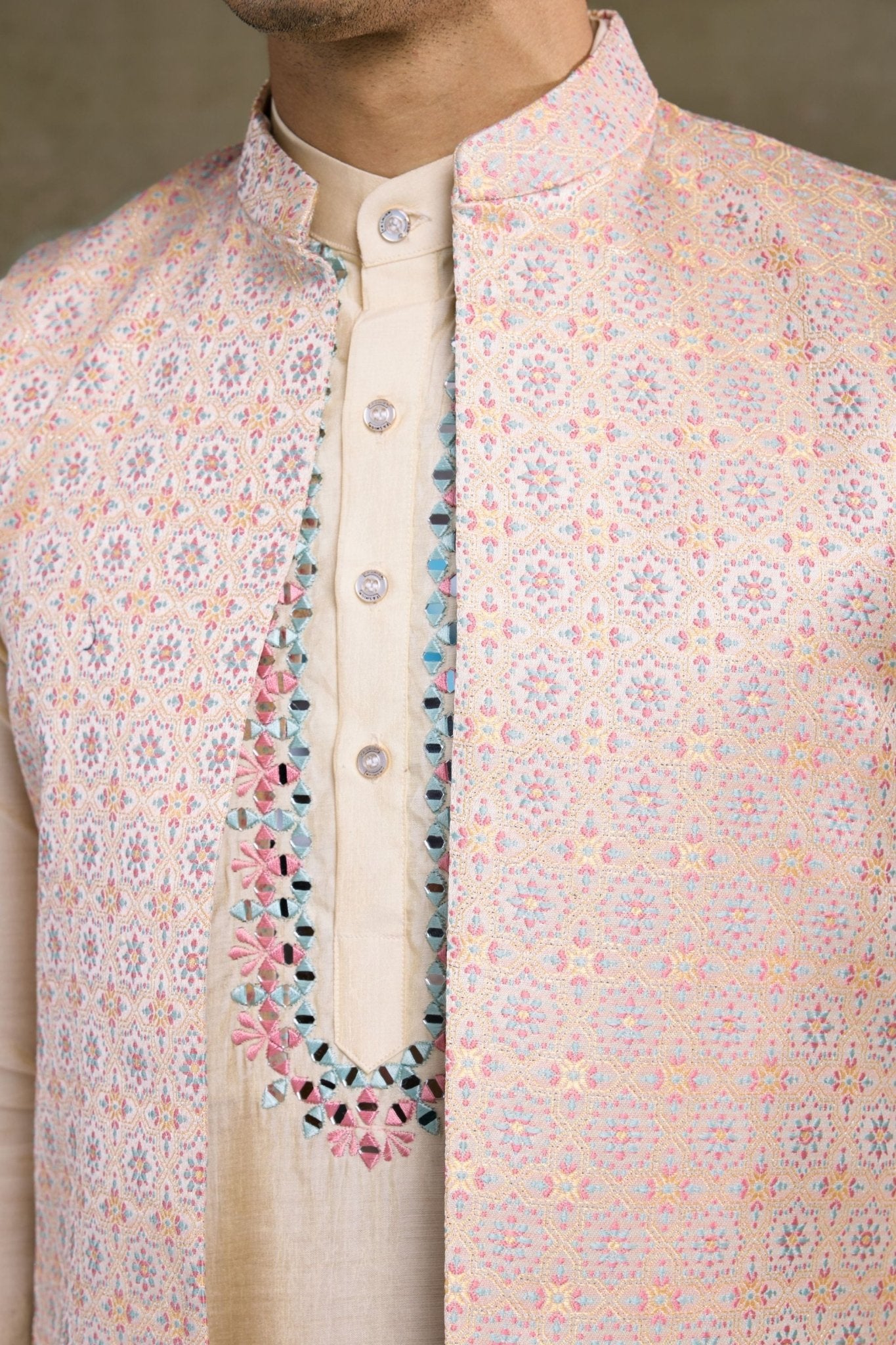 Festive Beige Kurta Set with Koti Jacket - Mangaldeep NX