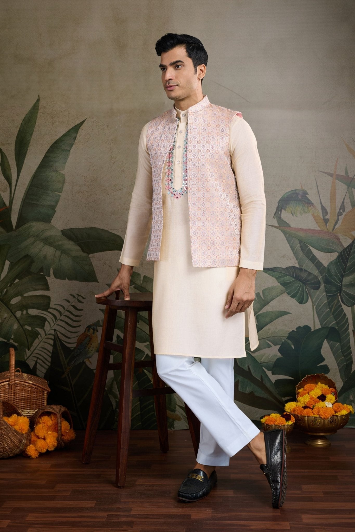 Festive Beige Kurta Set with Koti Jacket - Mangaldeep NX