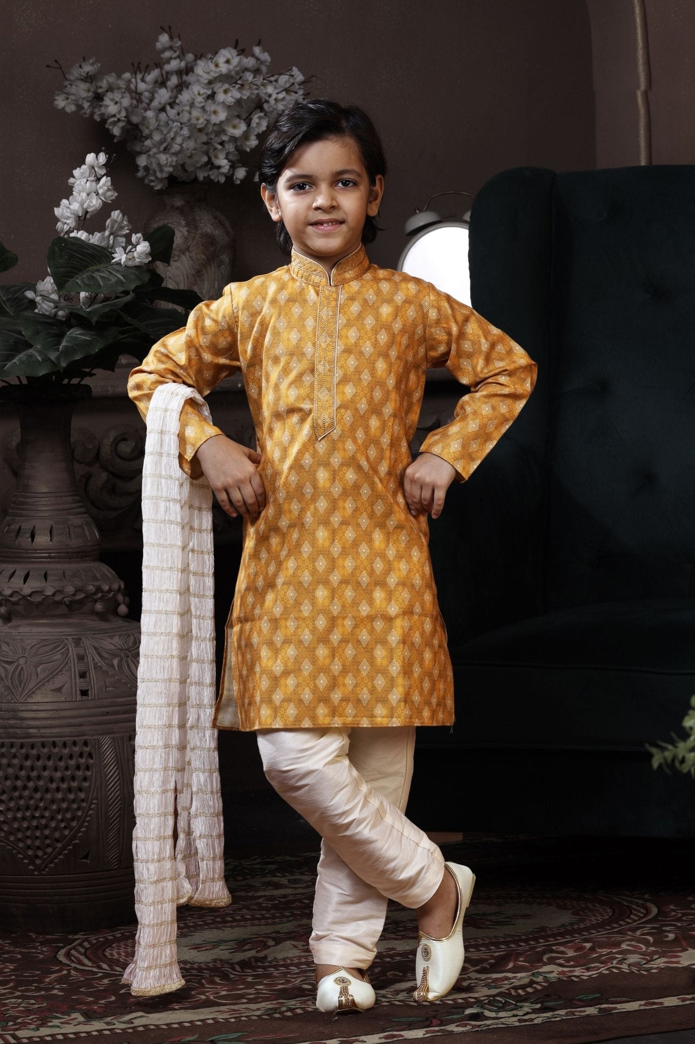Festive Boys Golden Yellow Printed Kurta with Cream Pyjama and White Dupatta - Mangaldeep NX