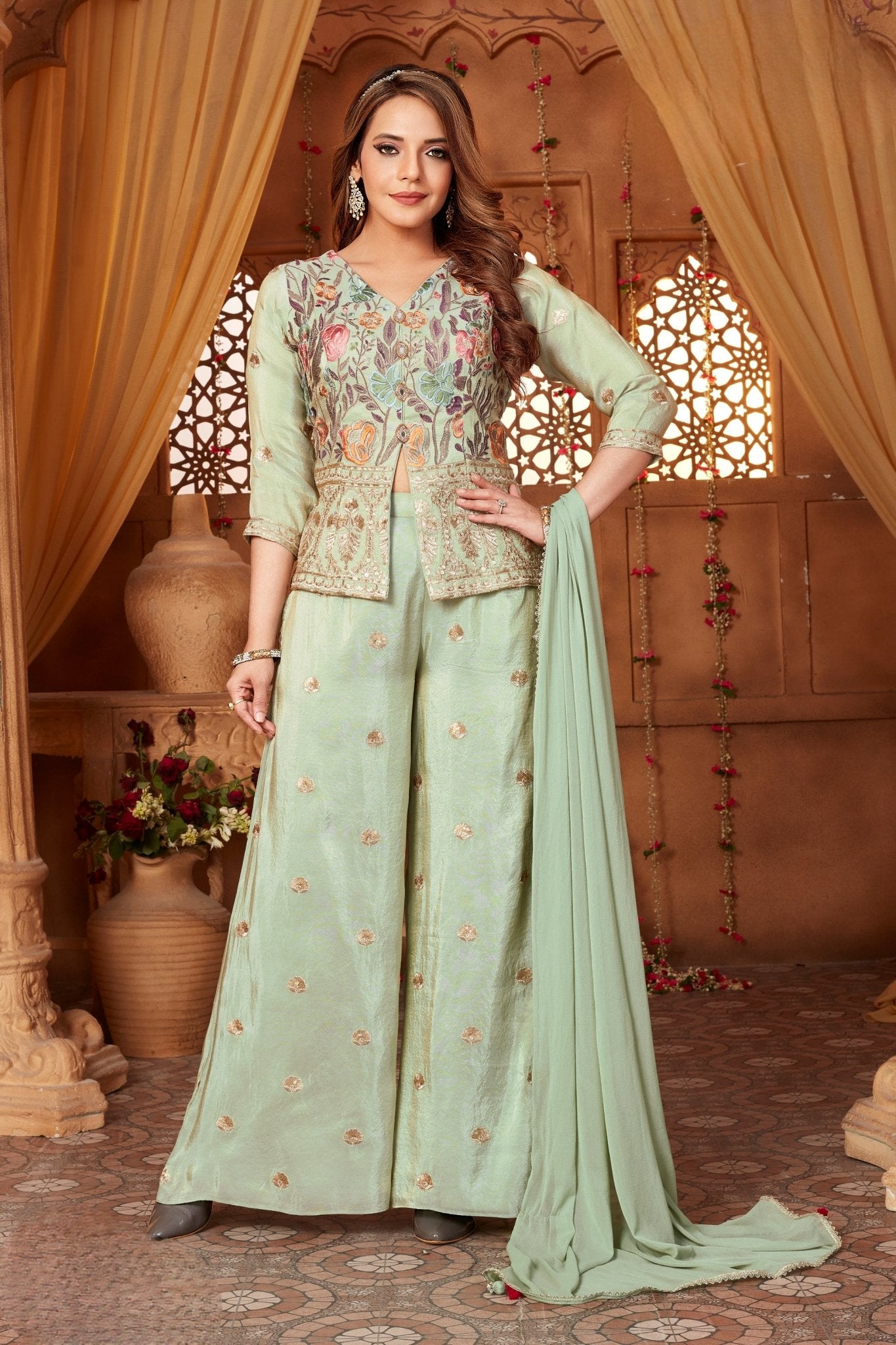Festive Pastel Green Embroidered Palazzo Suit for Women - Mangaldeep NX