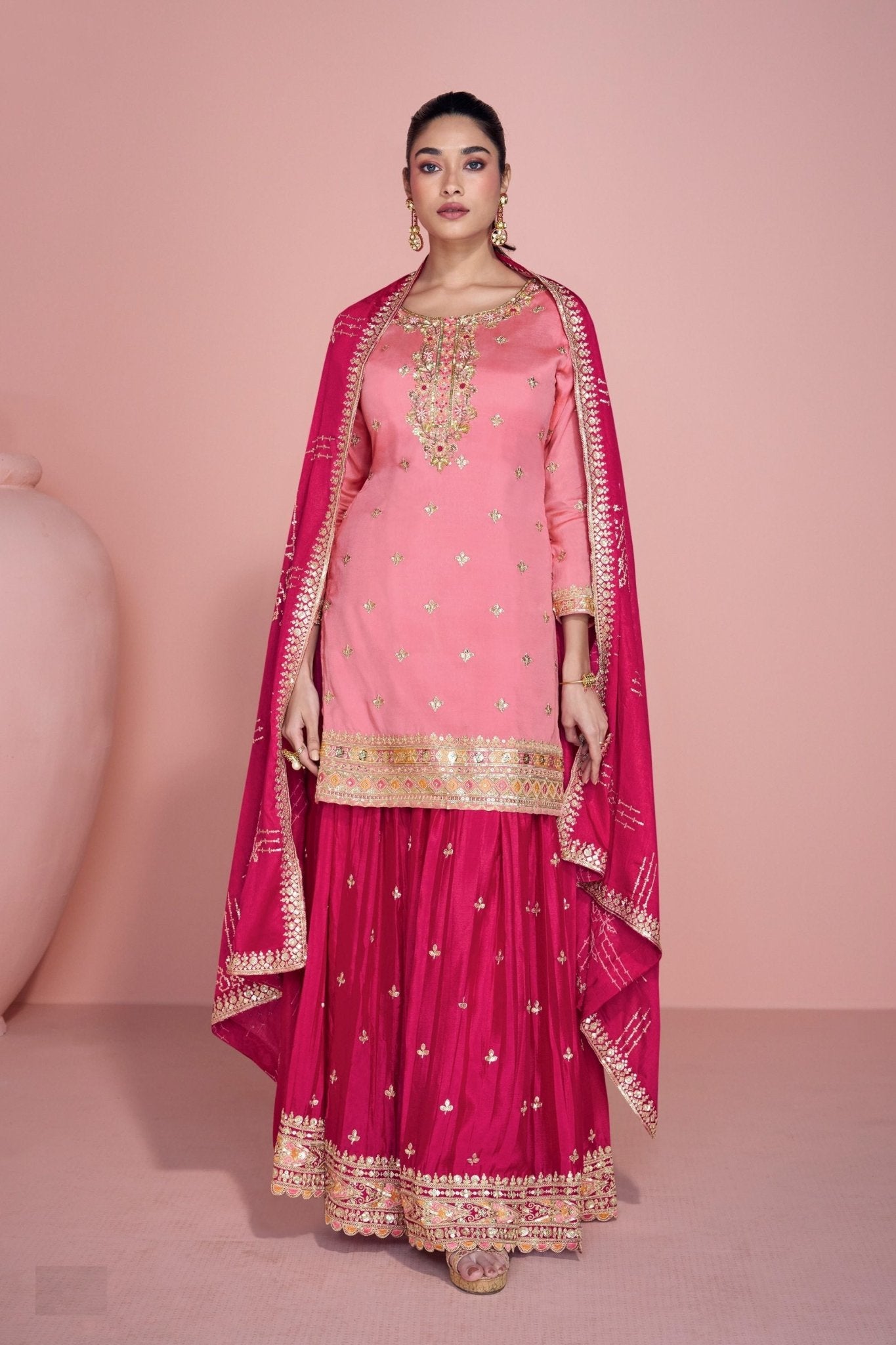 Festive Pink and Magenta Embroidered Sharara Suit for Women - Mangaldeep NX