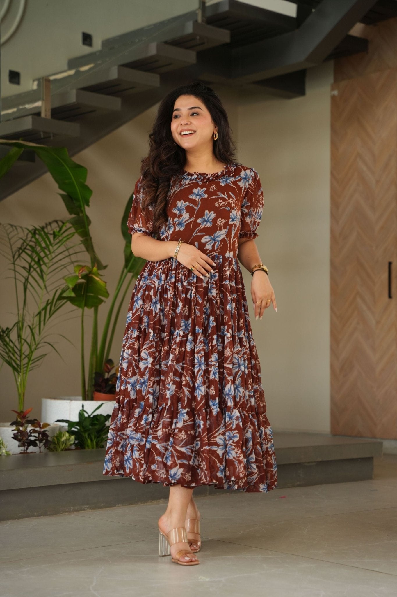 Festive Wear Maroon Faux Georgette Fully Flared Printed Kurti - Mangaldeep NX