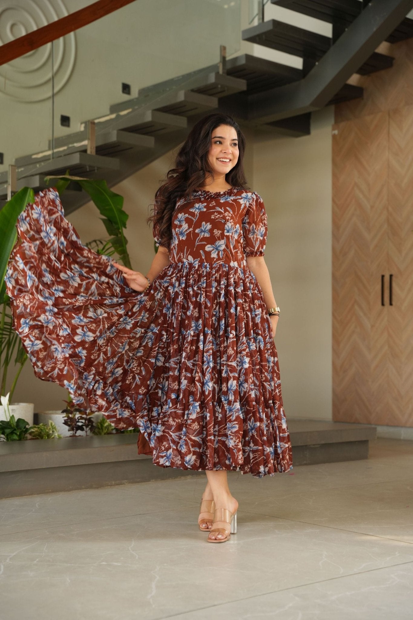 Festive Wear Maroon Faux Georgette Fully Flared Printed Kurti - Mangaldeep NX