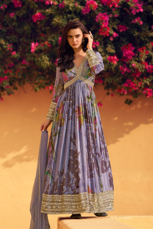 Floral Embroidered Georgette Anarkali Suit in Lavender - Mangaldeep NX