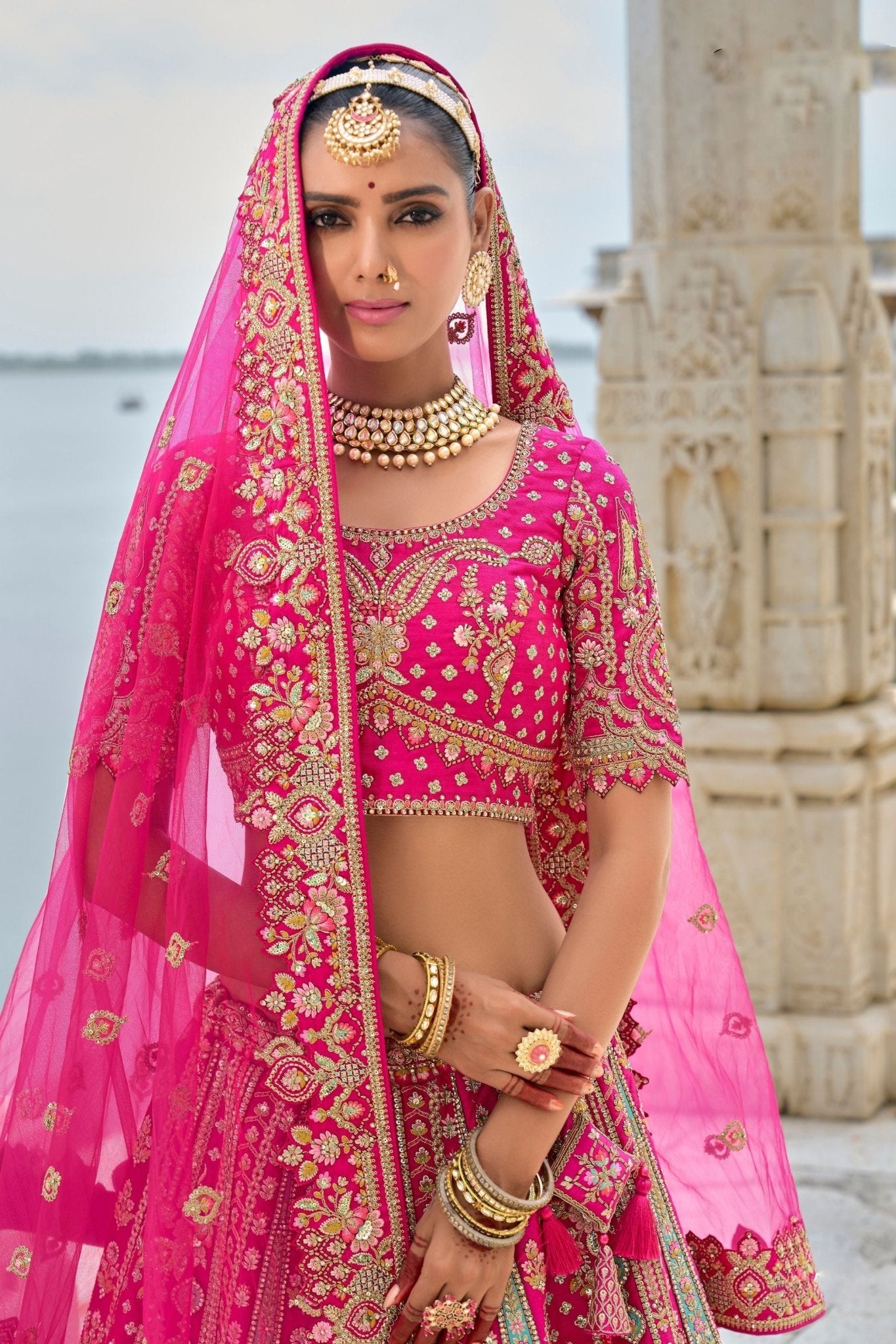 Fuchsia Pink Bridal Lehenga Choli with Heavy Zari and Embroidery - Mangaldeep NX