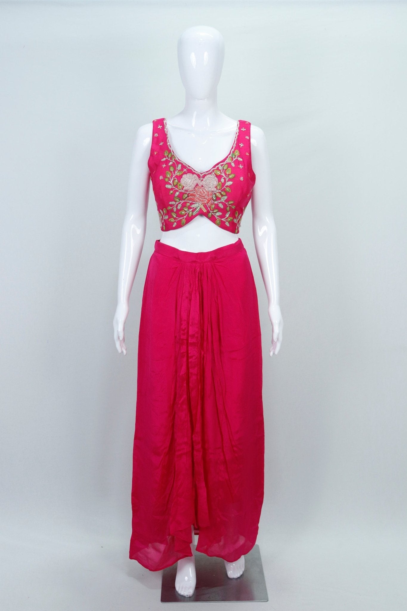 Fuchsia Pink Embroidered Georgette Dhoti Style Set - Mangaldeep NX