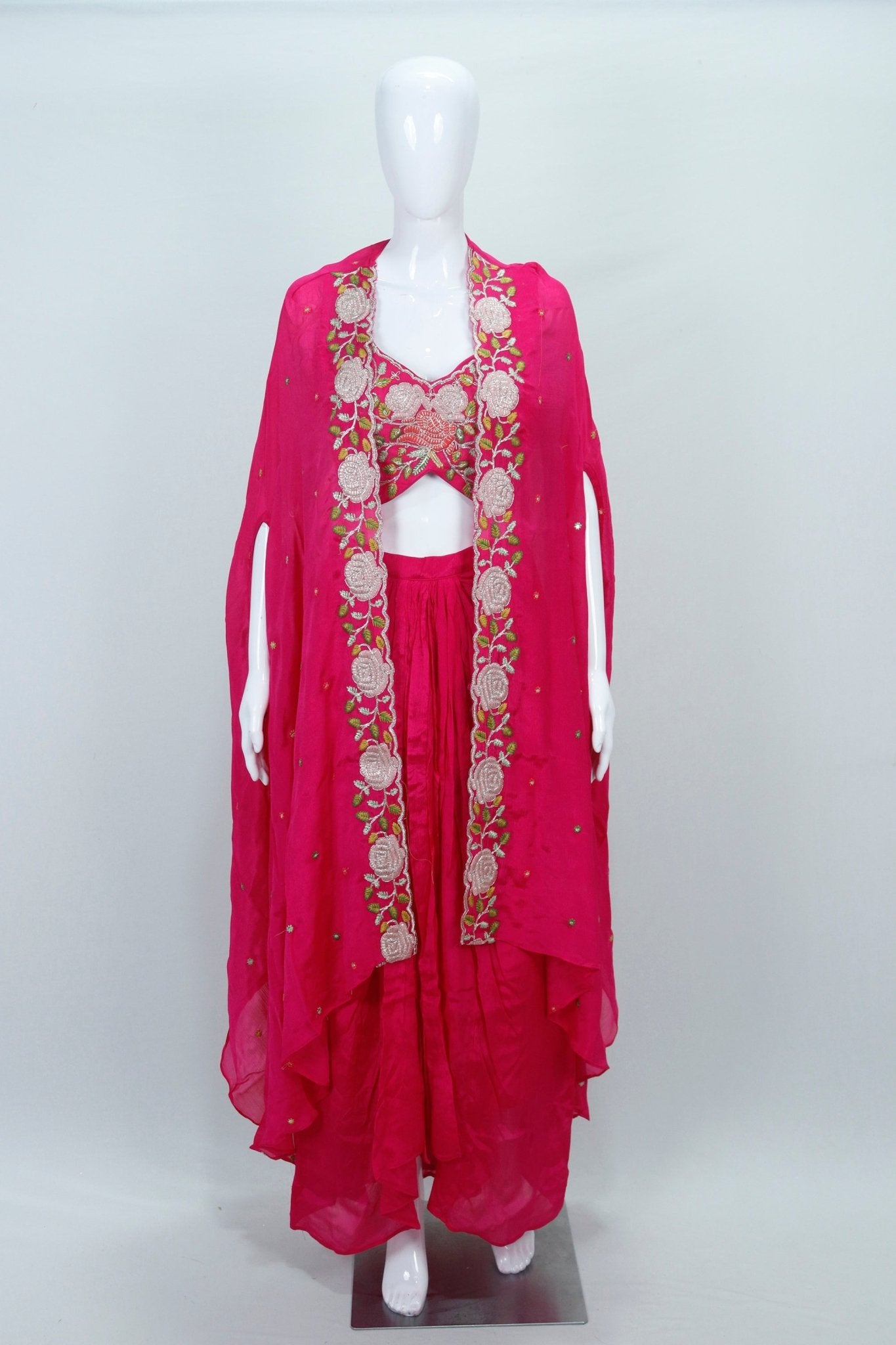 Fuchsia Pink Embroidered Georgette Dhoti Style Set - Mangaldeep NX
