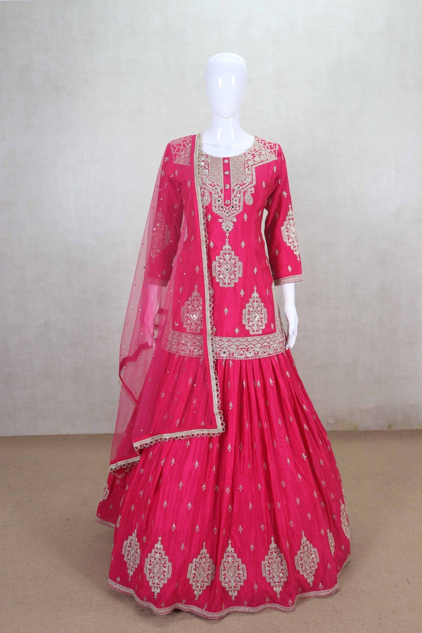 Fuchsia Pink Embroidered Lehenga Choli with Net Dupatta and Long Kurti - Mangaldeep NX