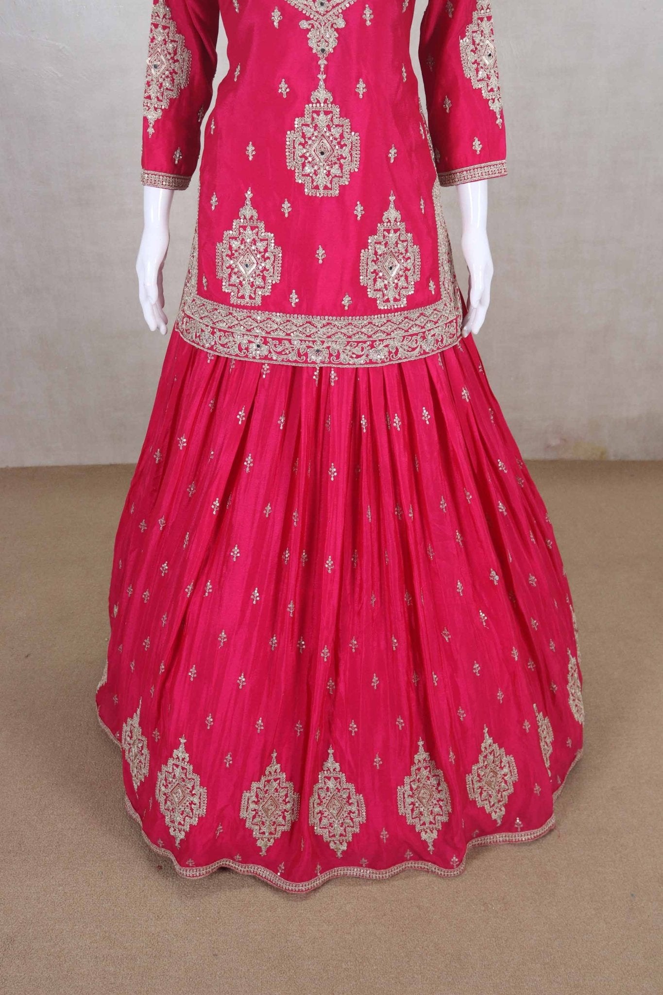 Fuchsia Pink Embroidered Lehenga Choli with Net Dupatta and Long Kurti - Mangaldeep NX
