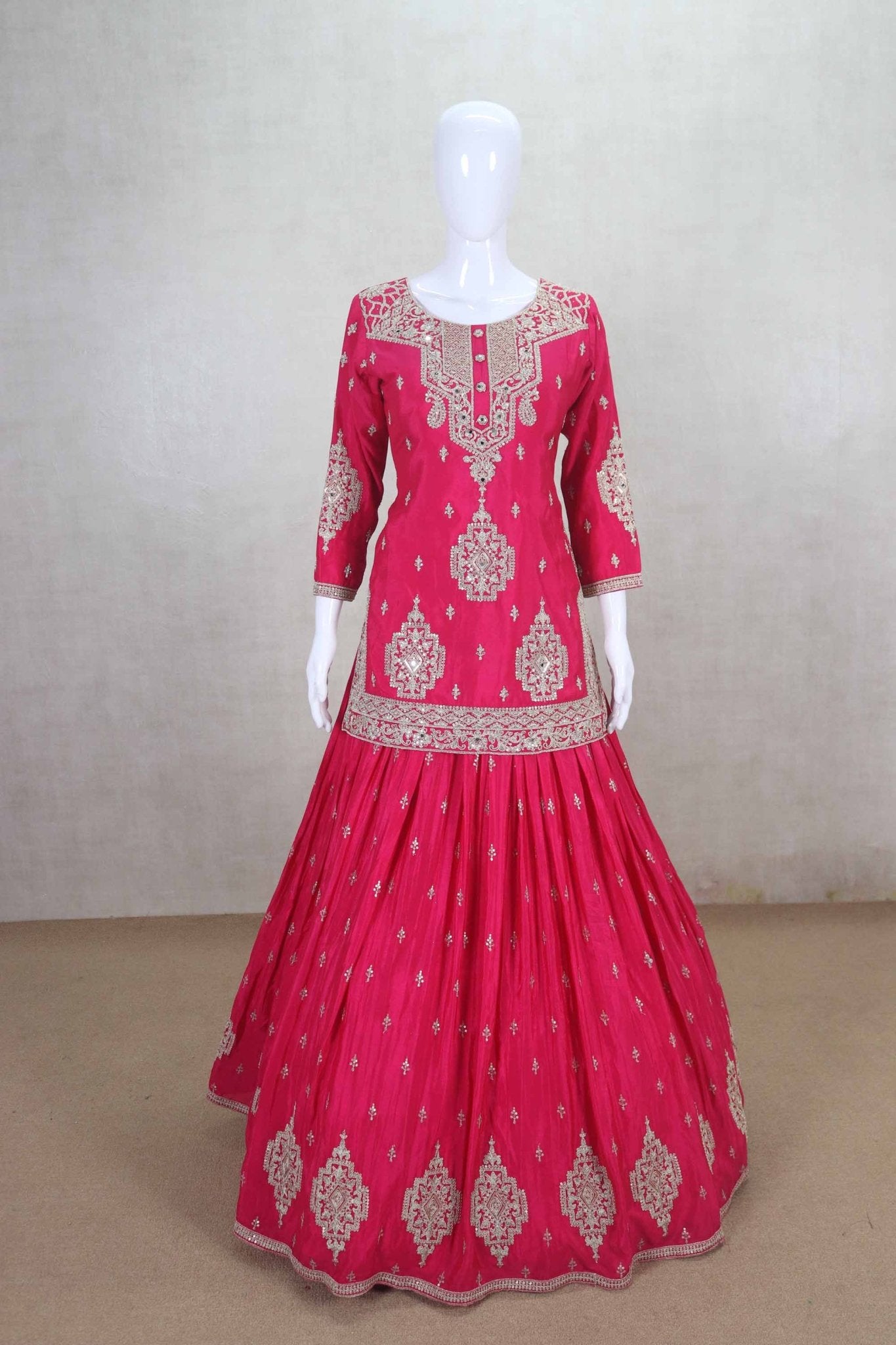 Fuchsia Pink Embroidered Lehenga Choli with Net Dupatta and Long Kurti - Mangaldeep NX