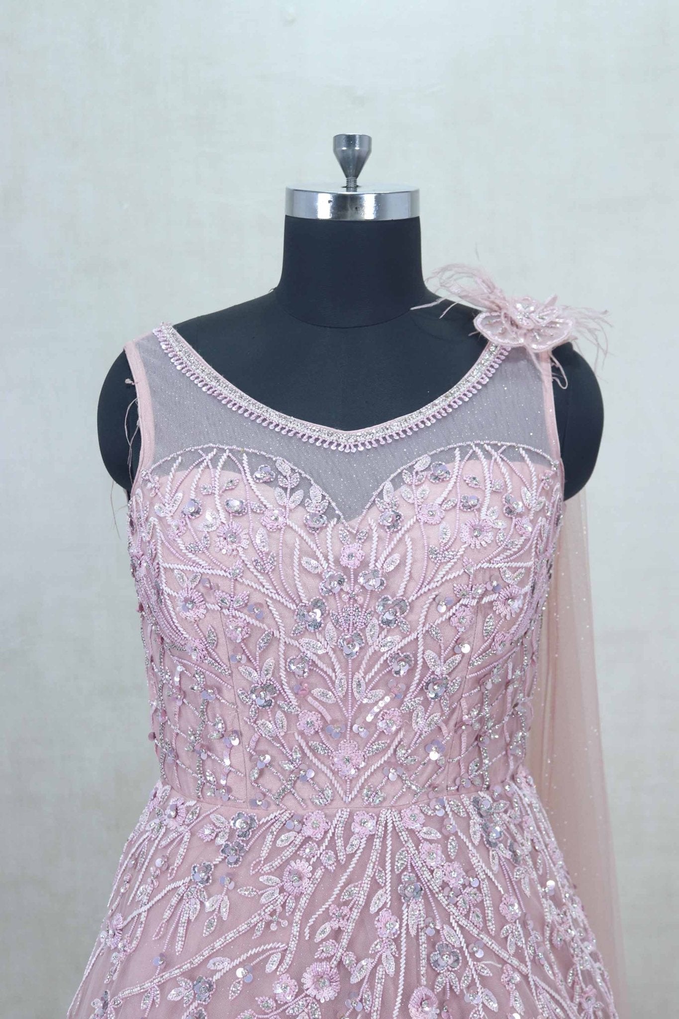 Glorious Pink Sleeveless Net Gown with Sequin Floral Embroidery - Mangaldeep NX